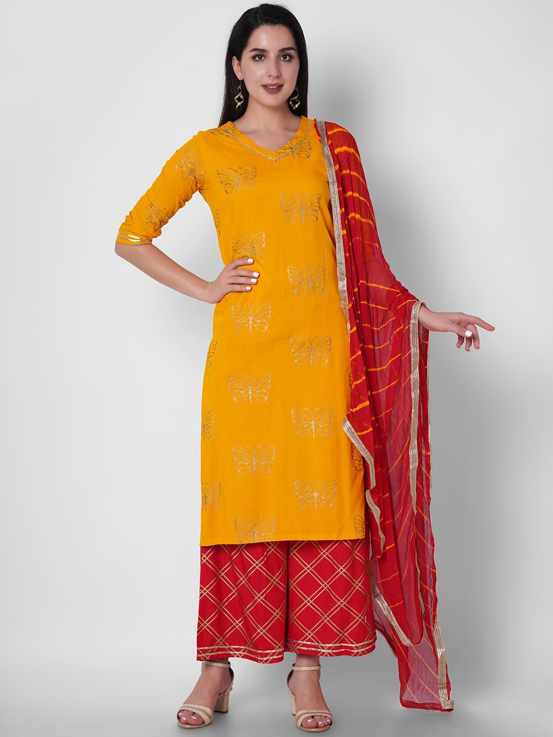 

ORTANGE Women Yellow Ethnic Motifs Printed Gotta Patti Kurta With Palazzos & Dupatta