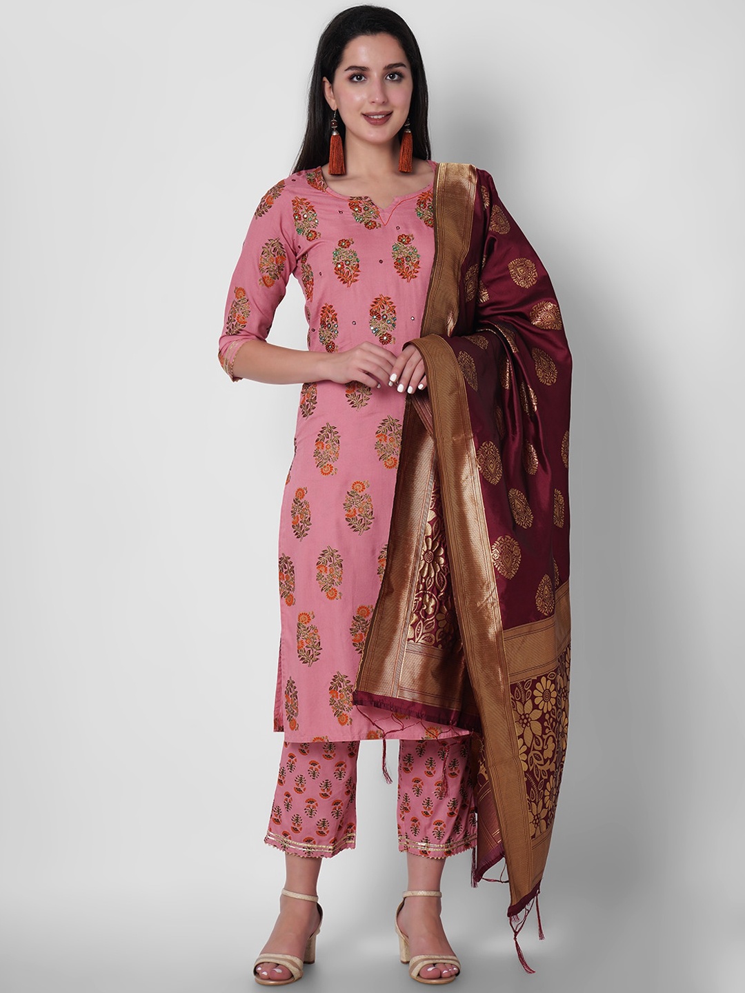 

ORTANGE Women Pink Floral Printed Thread Work Kurta with Palazzos & With Dupatta