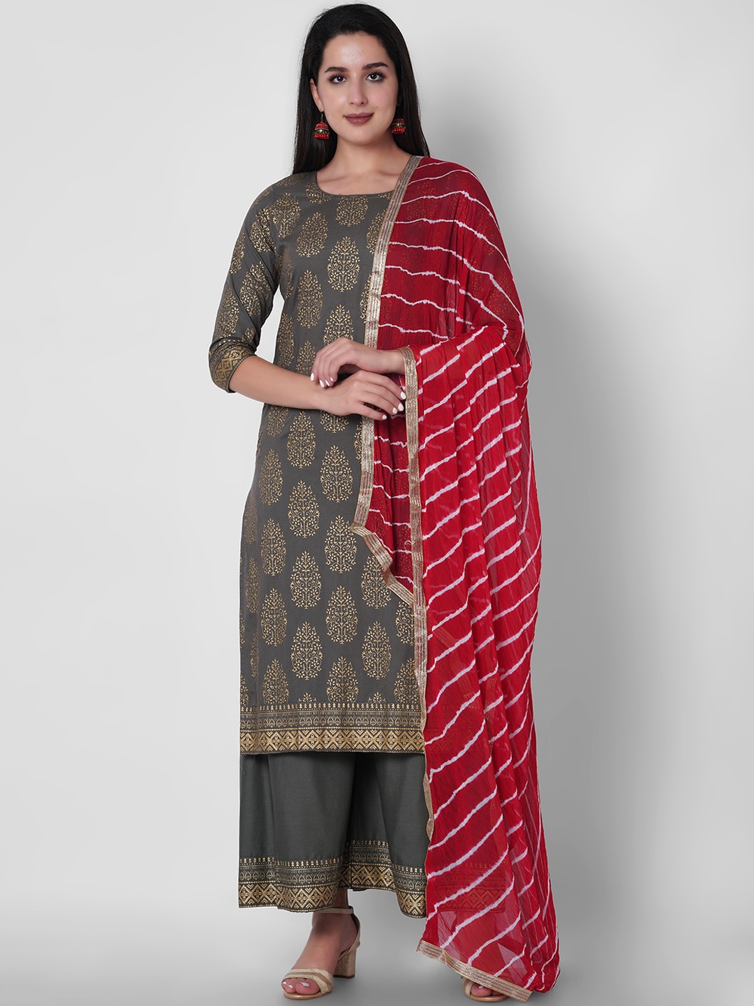 

ORTANGE Women Grey Ethnic Motifs Printed Kurta with Palazzos & Dupatta