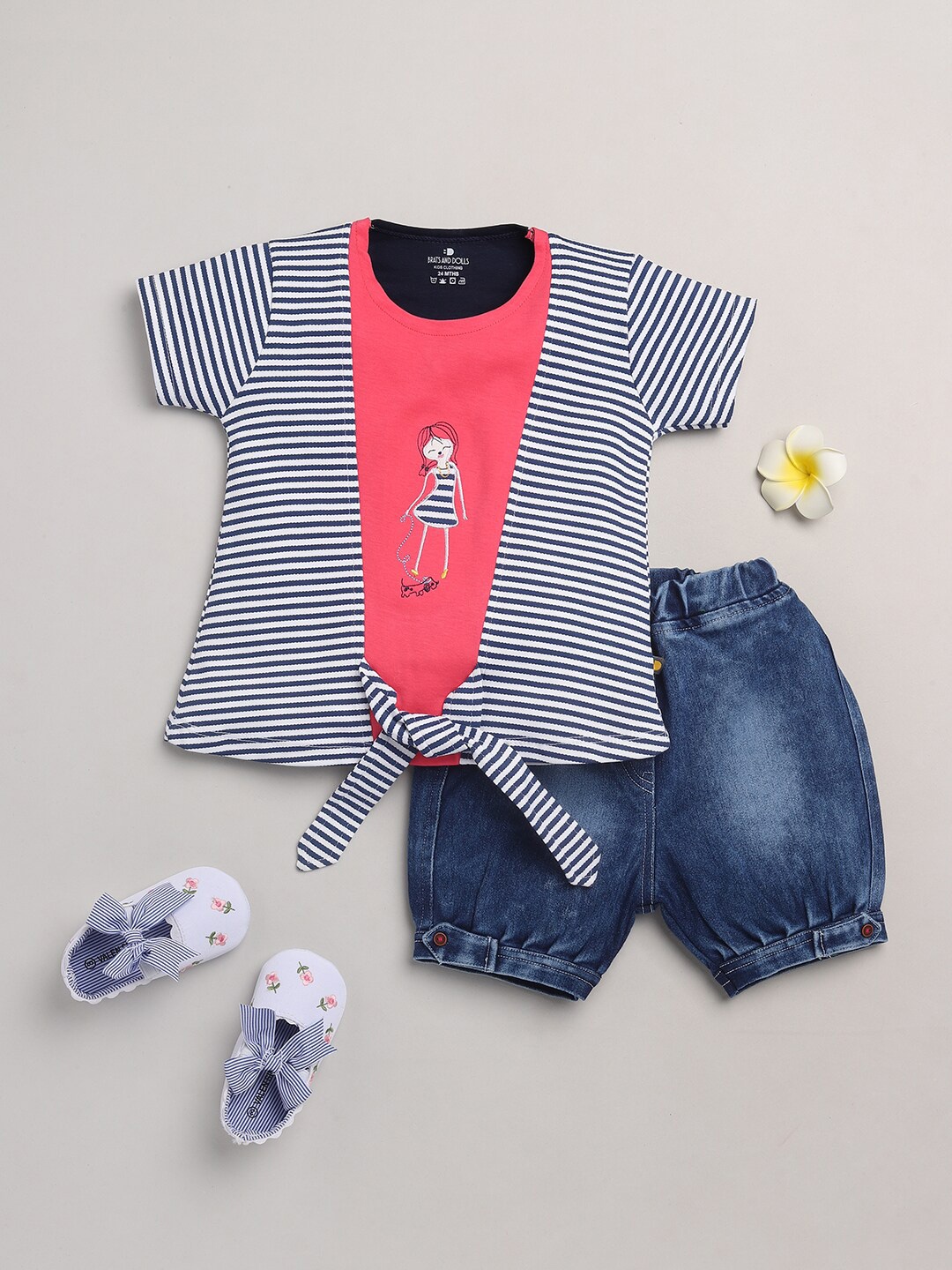 

BRATS AND DOLLS Girls Pink & Blue Printed T-shirt with Shorts