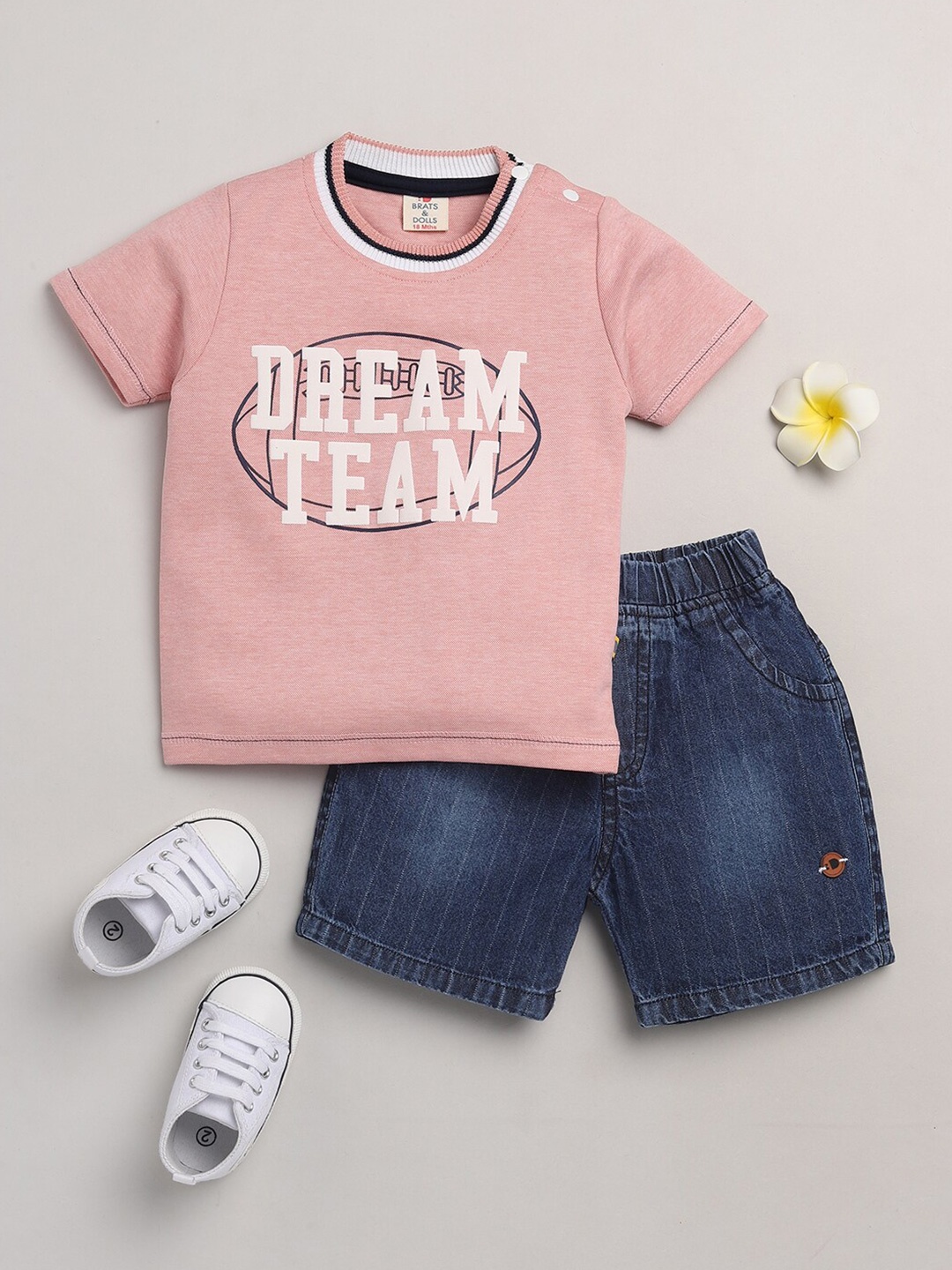 

BRATS AND DOLLS Boys Peach-Coloured Printed T-shirt with Shorts