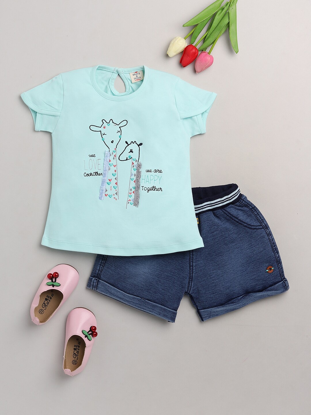 

BRATS AND DOLLS Girls Green & Blue Printed T-shirt with Trousers