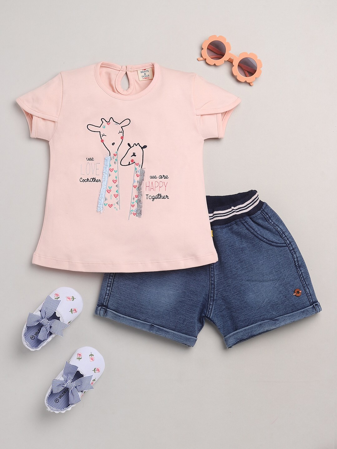 

BRATS AND DOLLS Girls Peach-Coloured & Blue Printed Top with Shorts