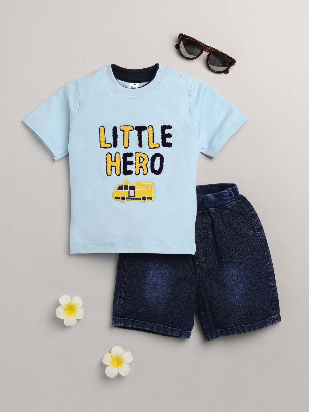 

BRATS AND DOLLS Boys Blue & Black Printed Cotton T-shirt with Shorts