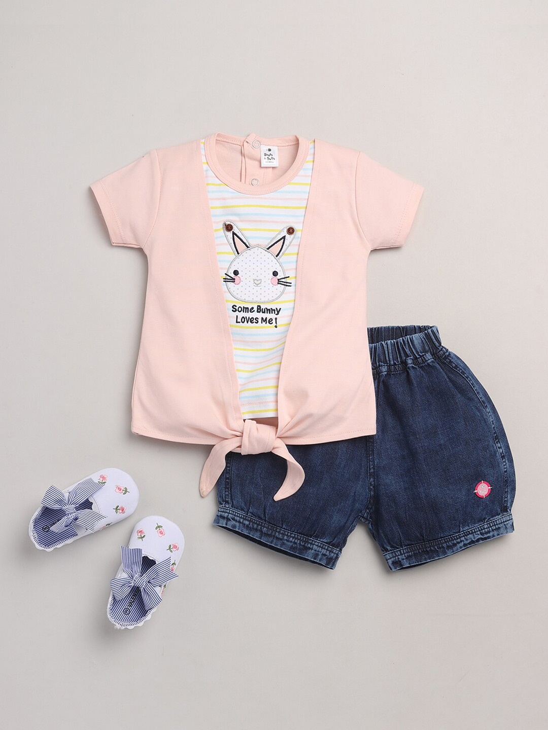 

BRATS AND DOLLS Girls Peach-Coloured Striped Top with Shorts