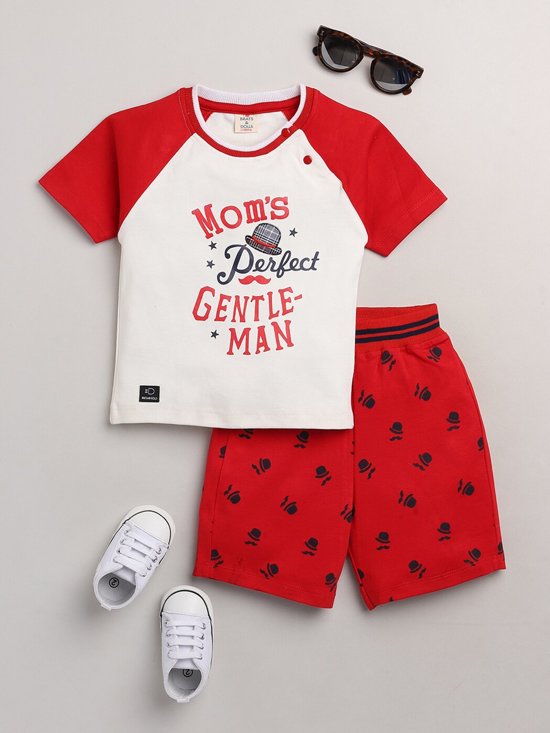 

BRATS AND DOLLS Boys Red & White Printed T-shirt with Shorts