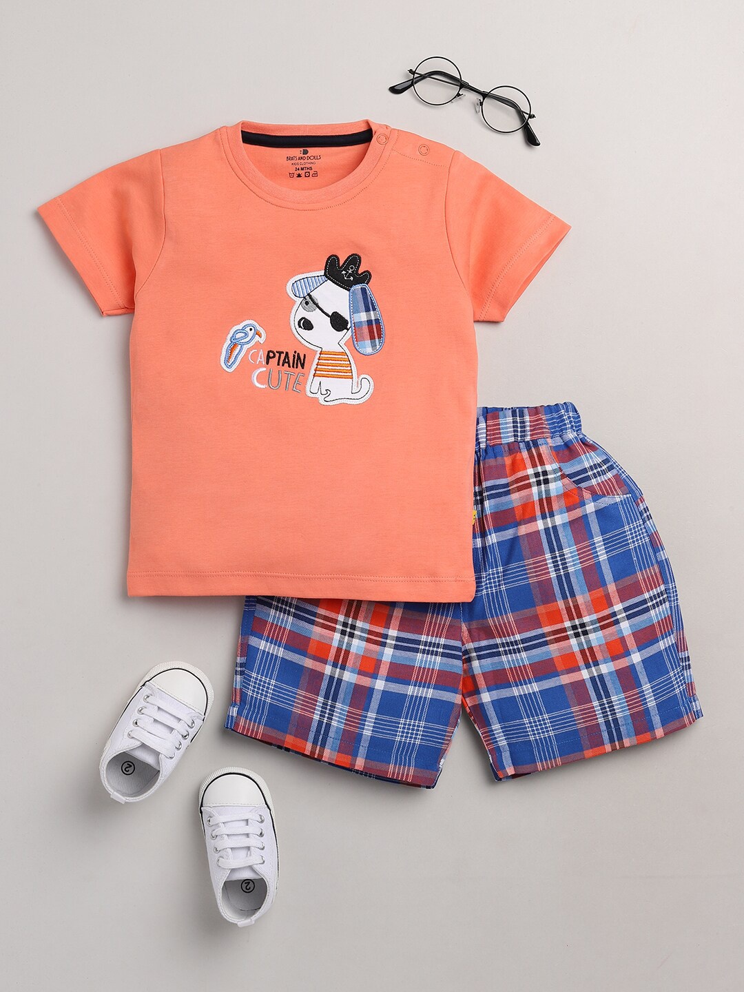 

BRATS AND DOLLS Boys Peach-Coloured & Blue Printed T-shirt with Shorts