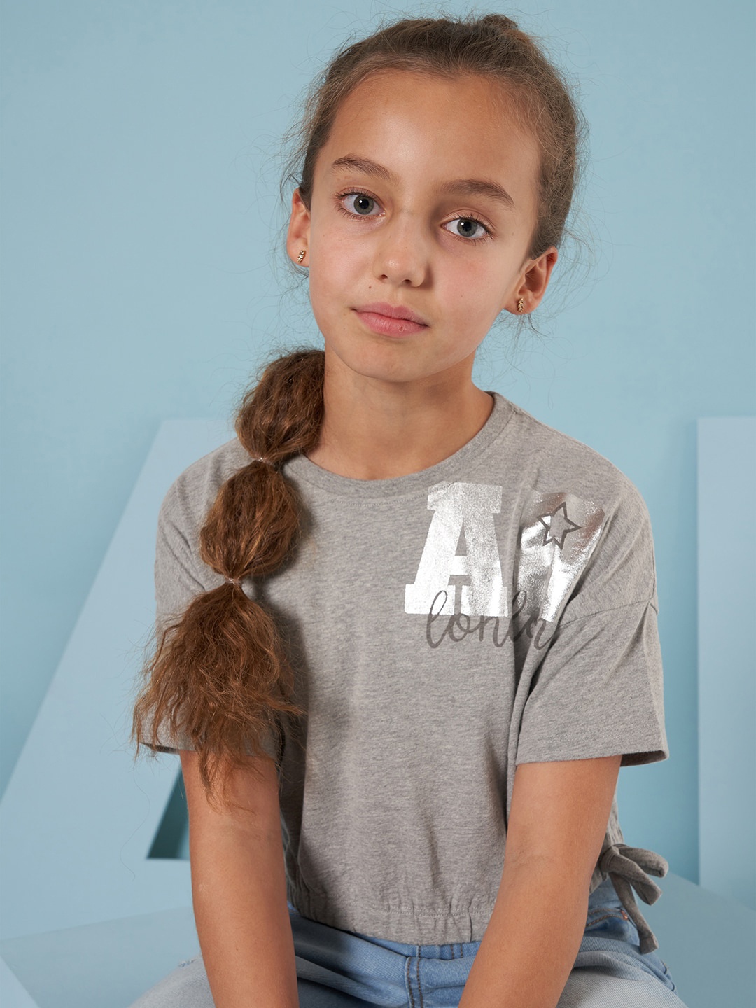 

Angel & Rocket Kids-Girls Grey Print Regular Sleeves Top