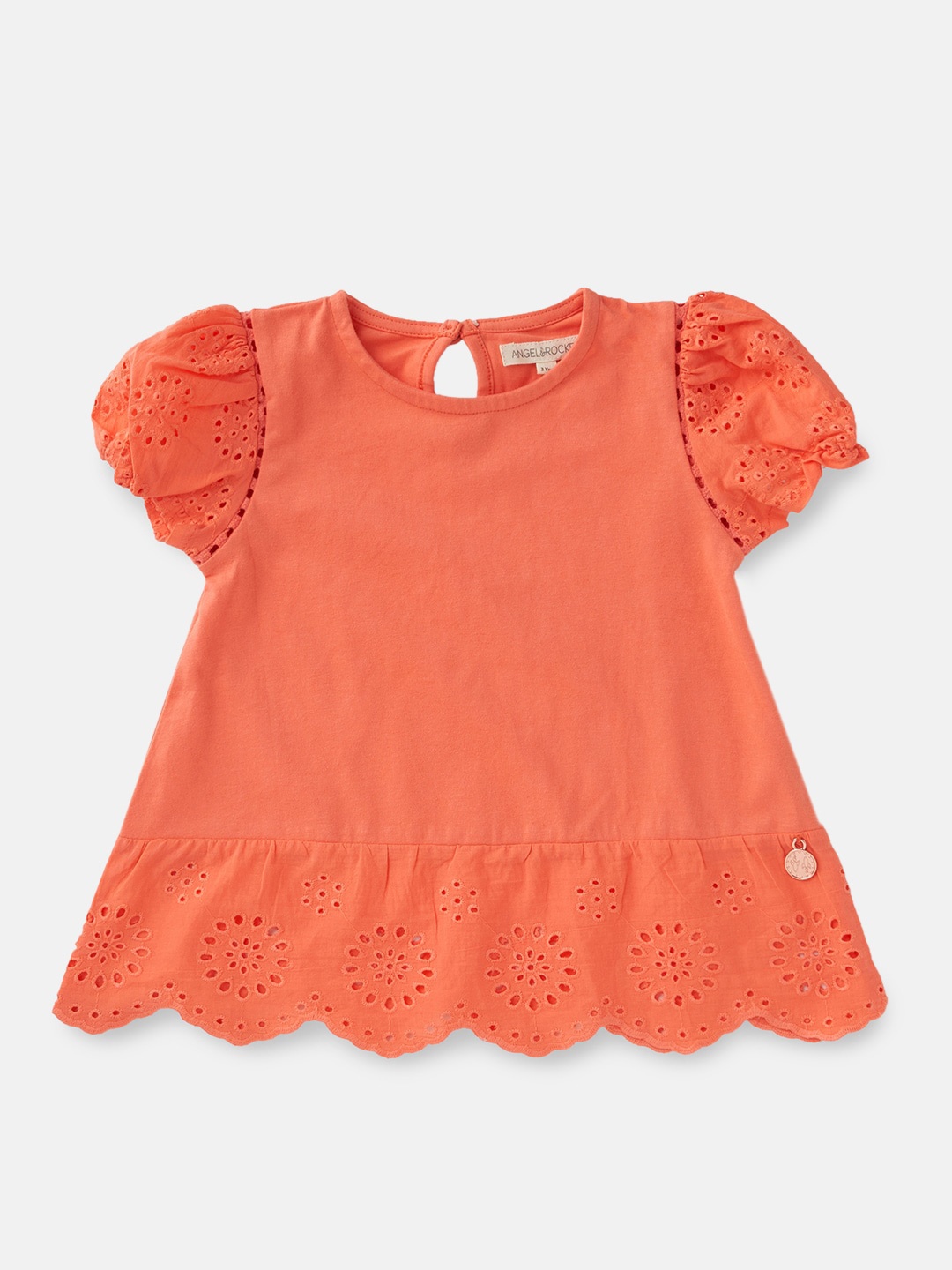 

Angel & Rocket Girls Orange Ruffles Pure Cotton Schiffli Top
