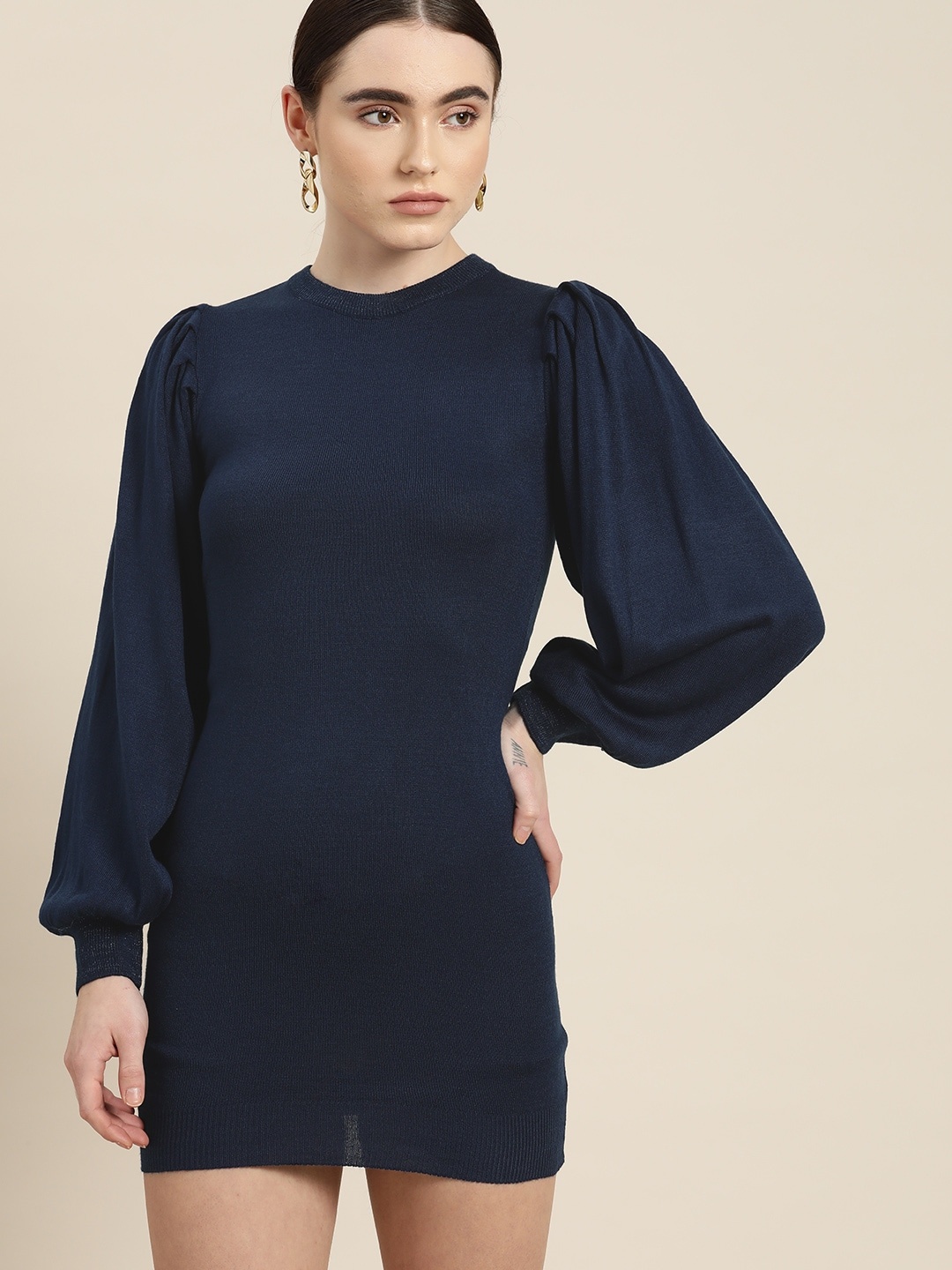 

INVICTUS Solid Acrylic Sweater Dress, Navy blue