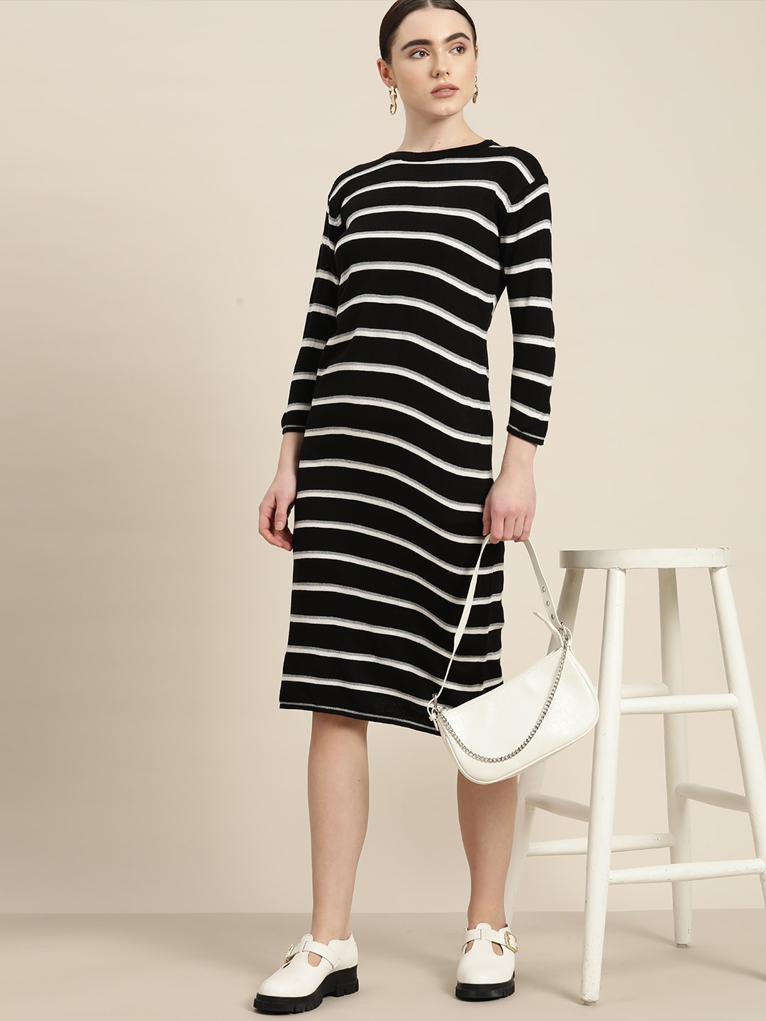 

INVICTUS Striped Acrylic Sweater Dress, Black