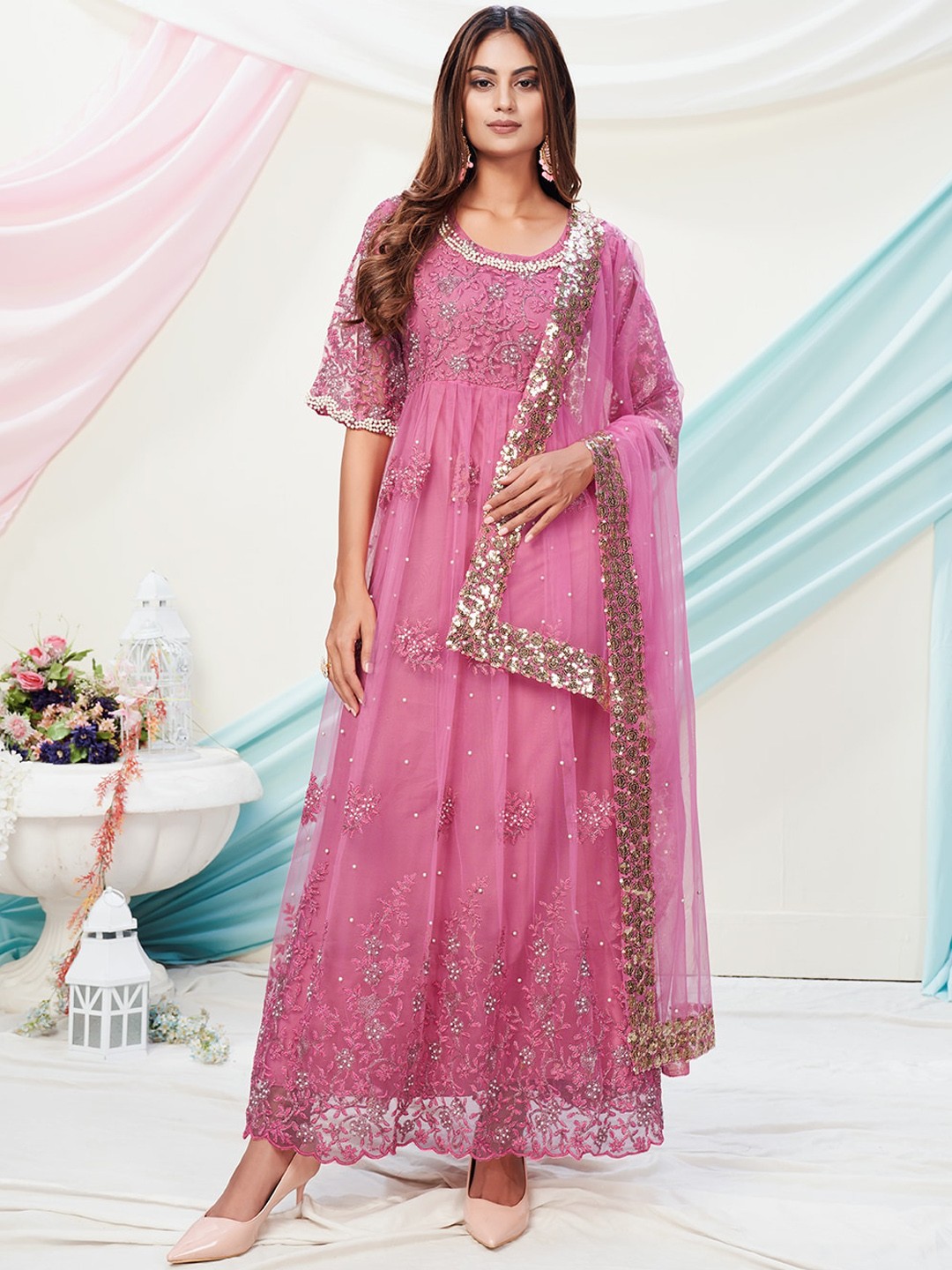 

WHITE FIRE Women Pink Ethnic Motifs Embroidered Anarkali Kurta Set