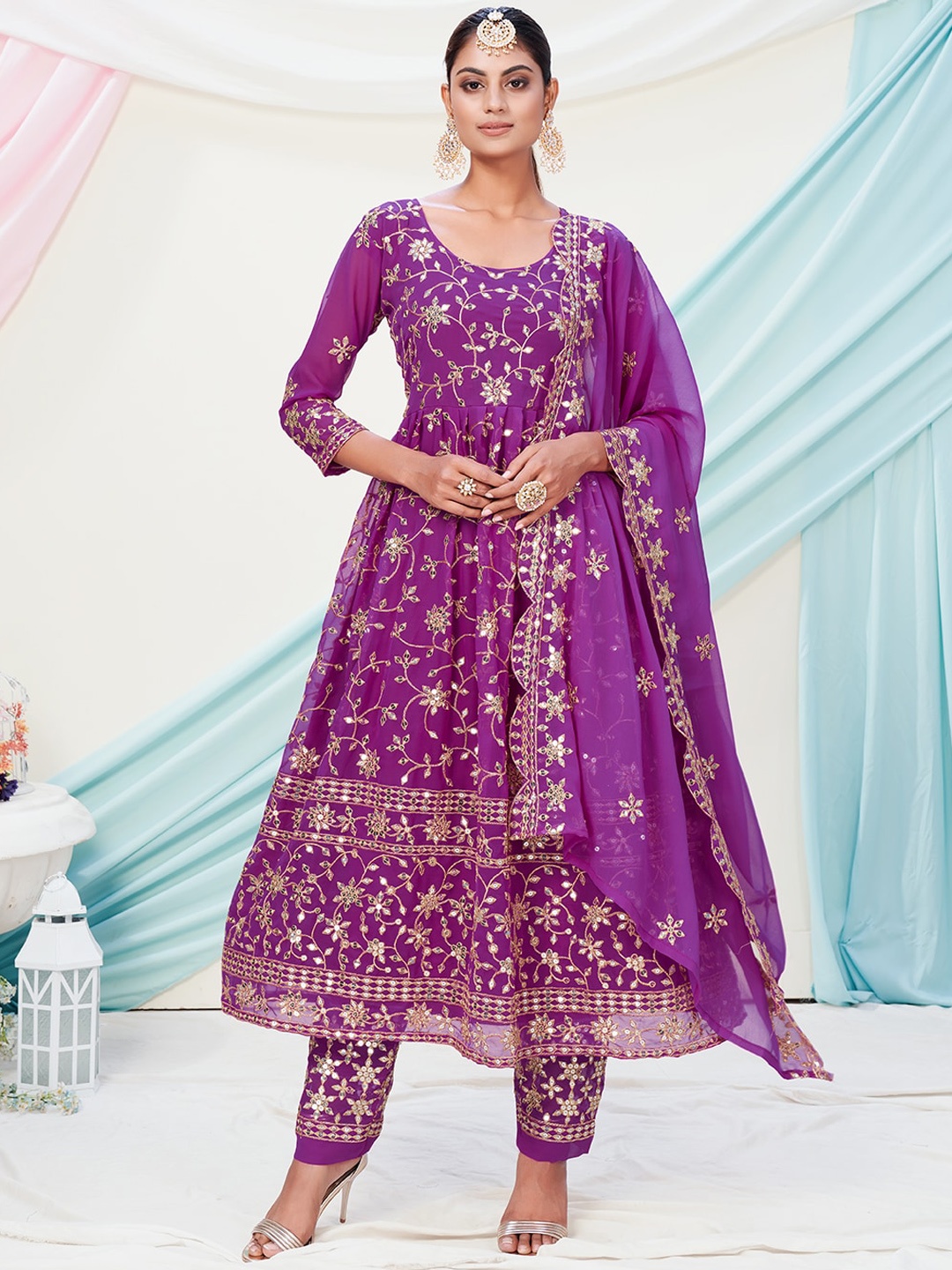 

WHITE FIRE Women Violet Floral Embroidered Kurta with Churidar & Dupatta