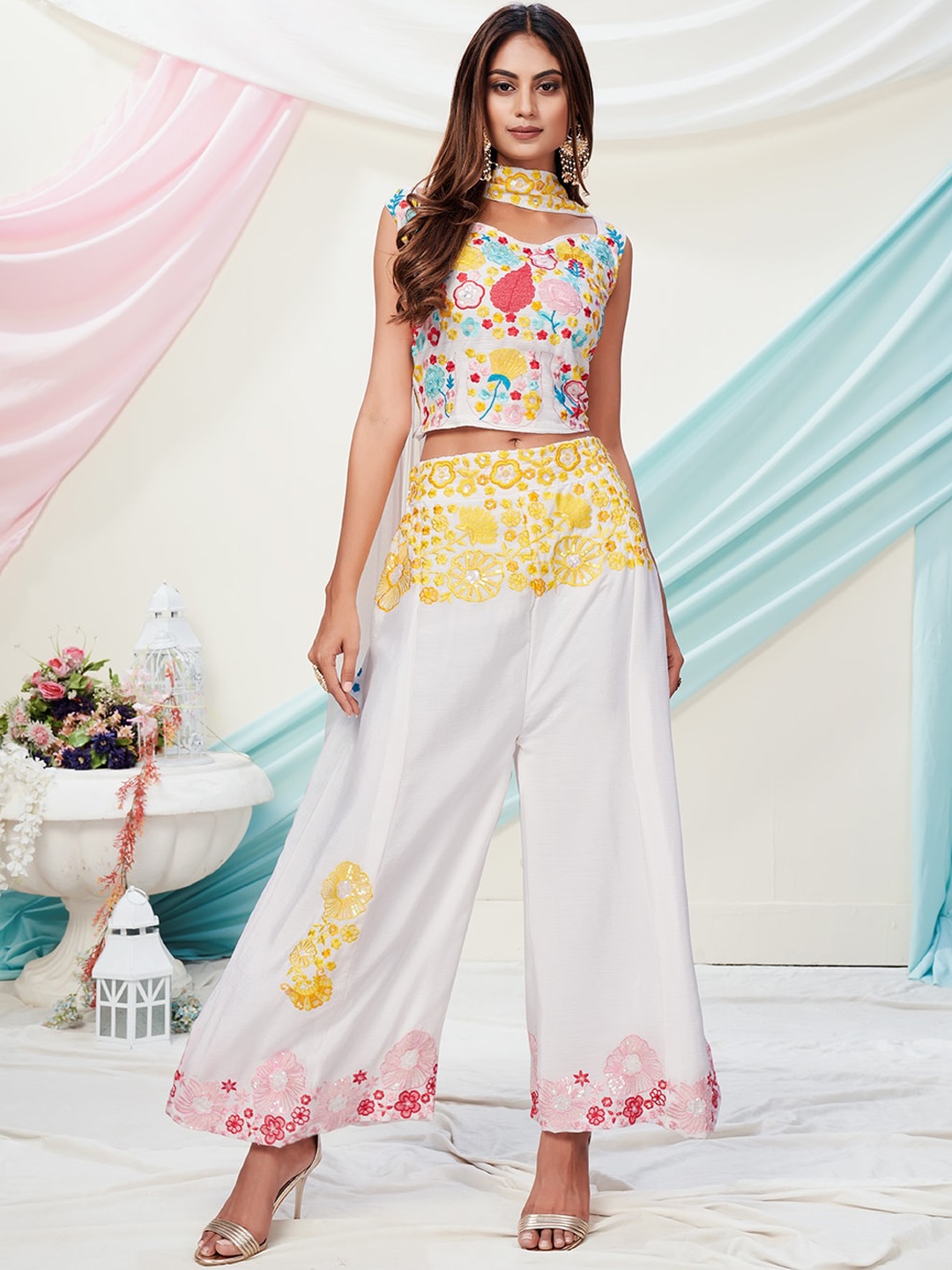 

WHITE FIRE Women White & Pink Floral Embroidered Thread Work Top with Palazzos & With Dupatta