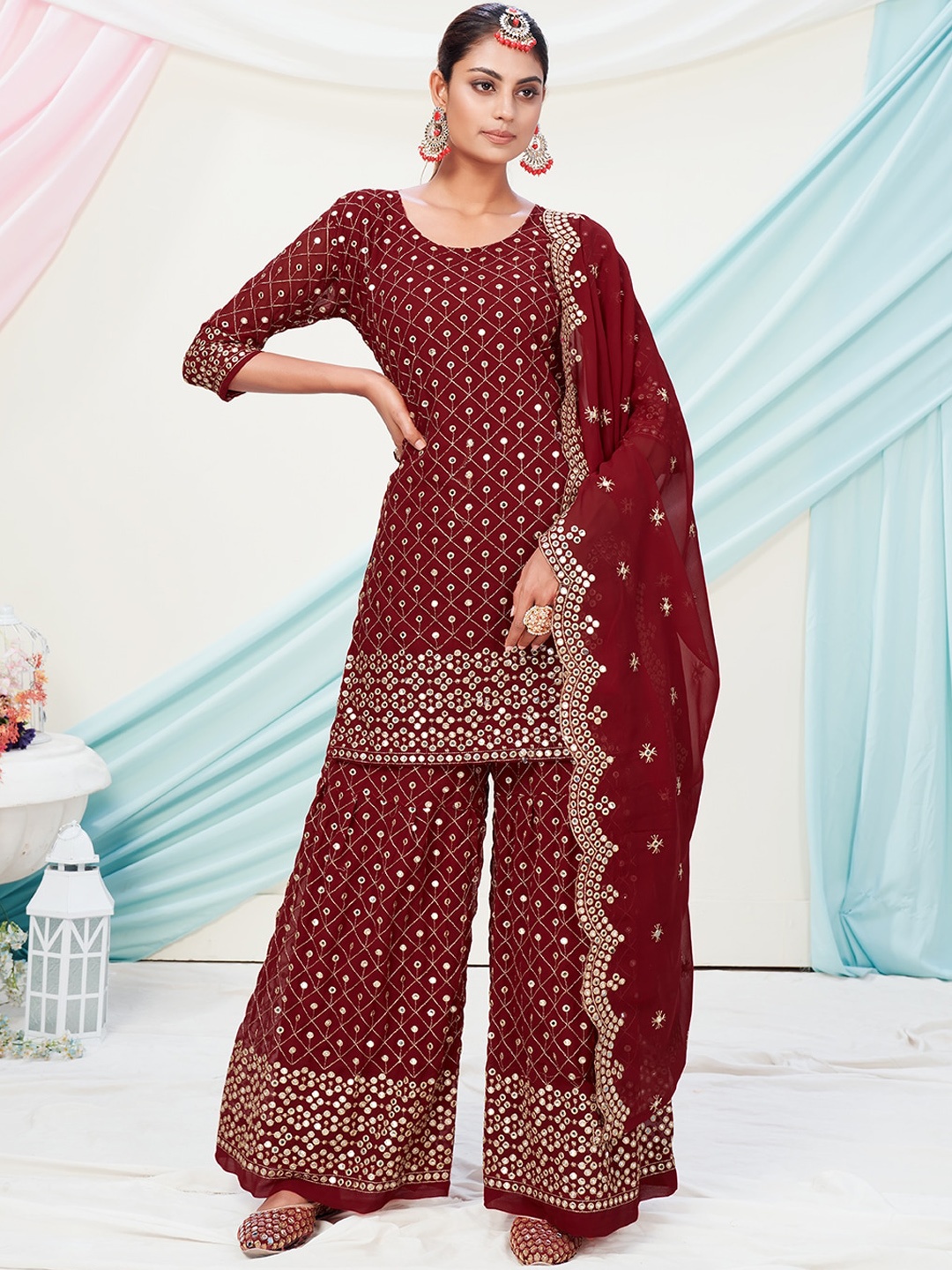 

WHITE FIRE Women Maroon Embroidered Mirror Work Kurti with Palazzos & With Dupatta