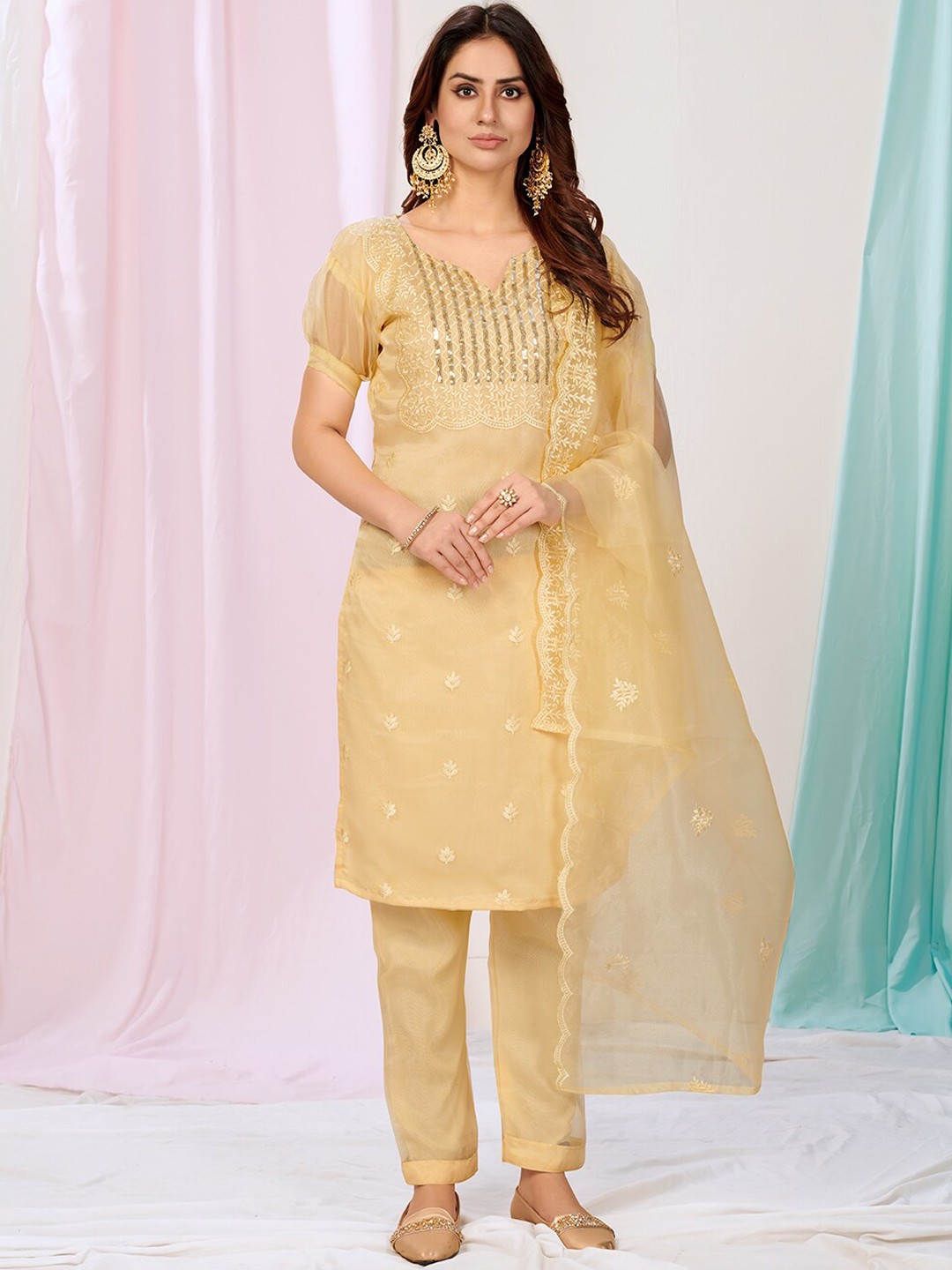 

WHITE FIRE Women Yellow Floral Embroidered Chikankari Kurta with Trousers & With Dupatta