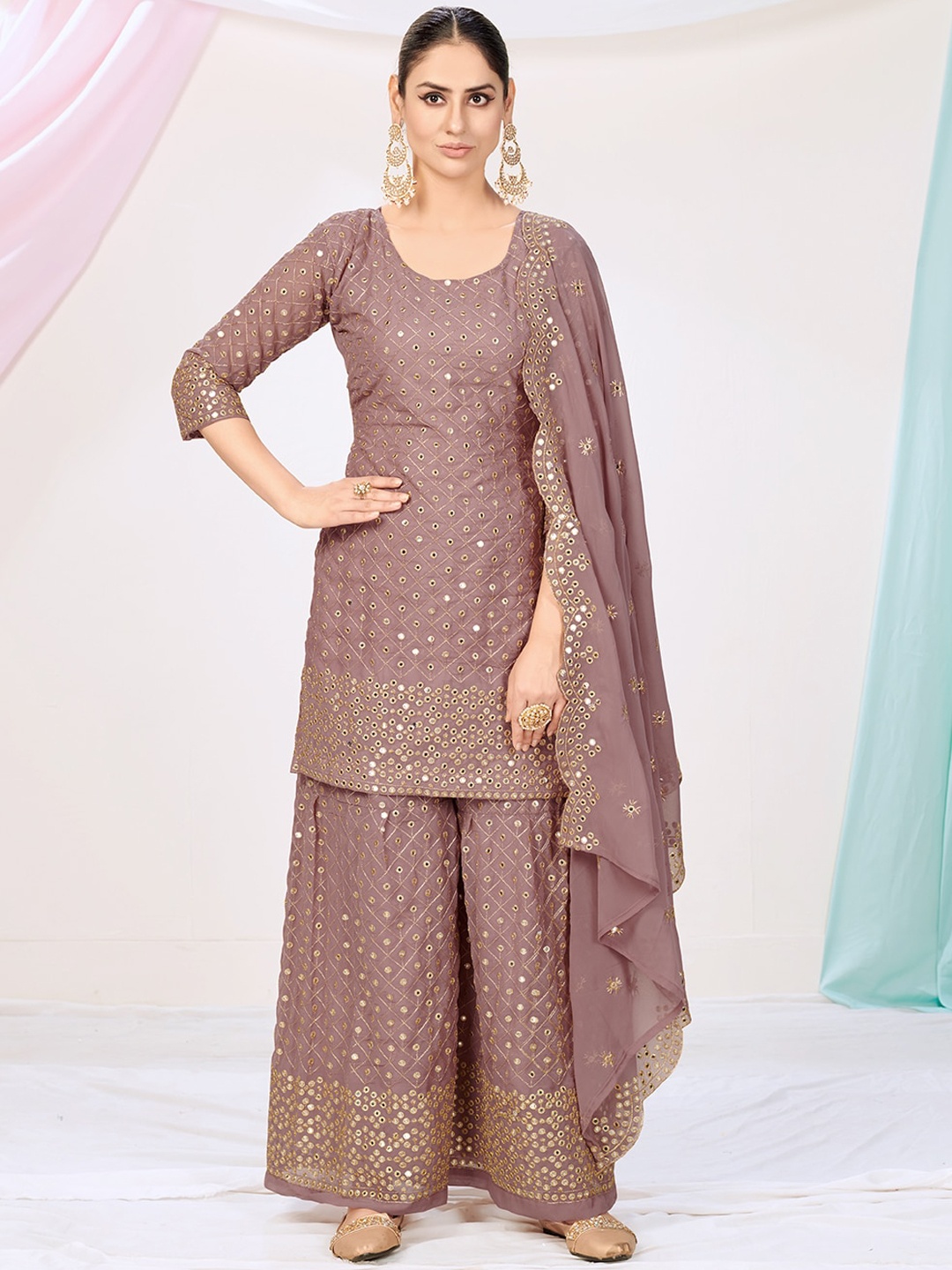 

WHITE FIRE Women Purple Embroidered Georgette Kurta Set
