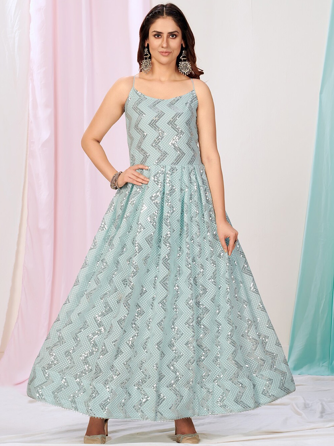 

WHITE FIRE Women Blue & Silver Embellished Sequinned Kurta
