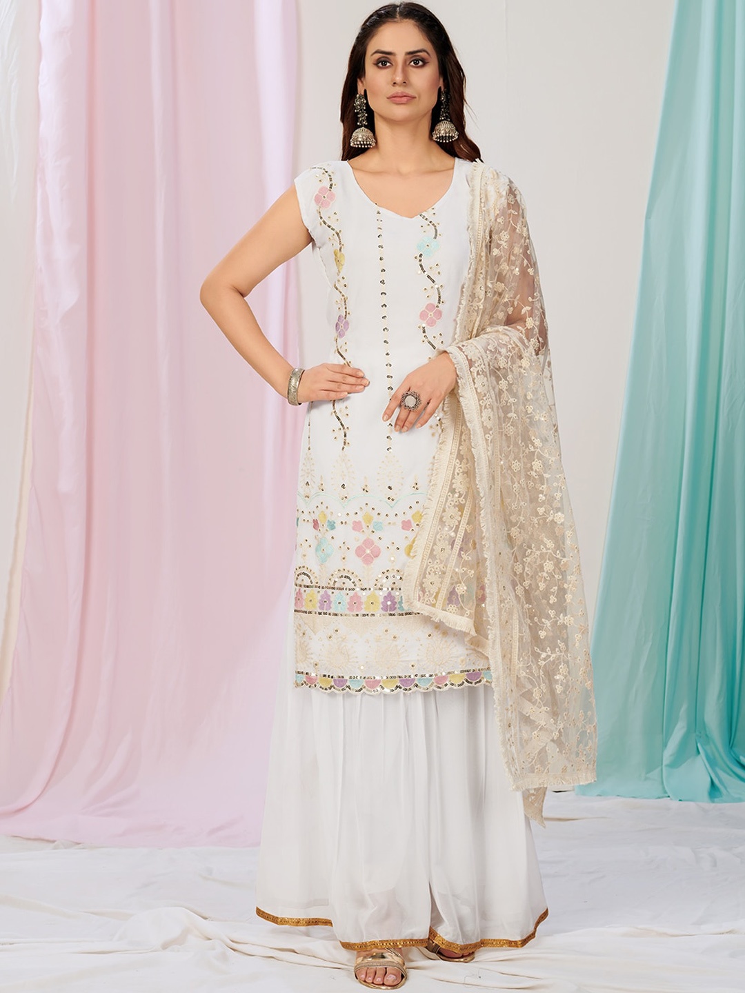 

WHITE FIRE Women White Printed Sequinned Kurta with Sharara & With Dupatta