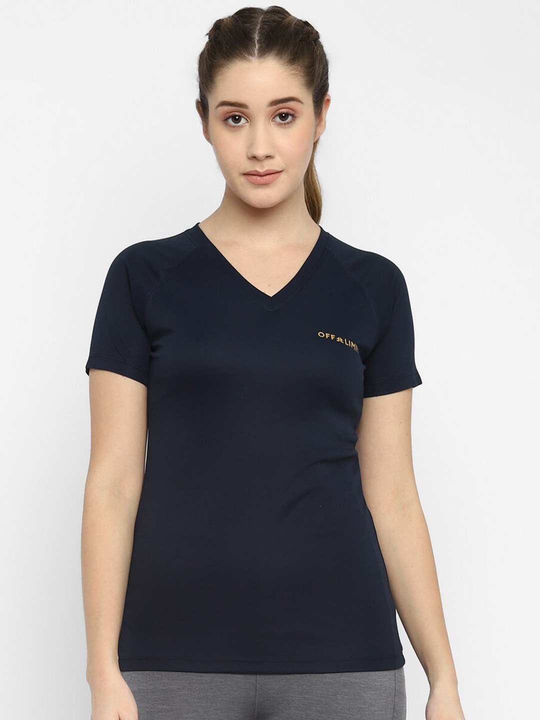

OFF LIMITS Women Navy Blue V-Neck Slim Fit T-shirt