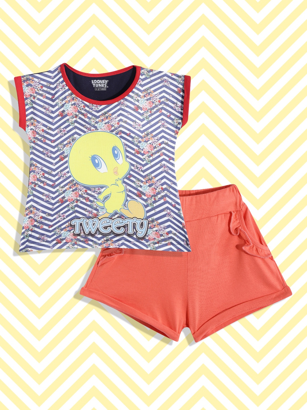 Birthday Girl Girls Navy Blue & Coral Orange Tweety Print T-shirt with Shorts