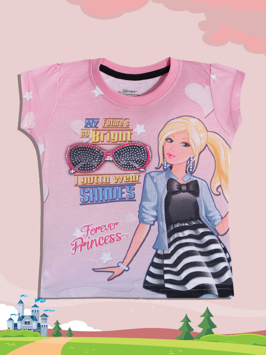 

Birthday Girl Girls Pink & Beige Graphic Printed Embellished Puff Sleeves T-shirt