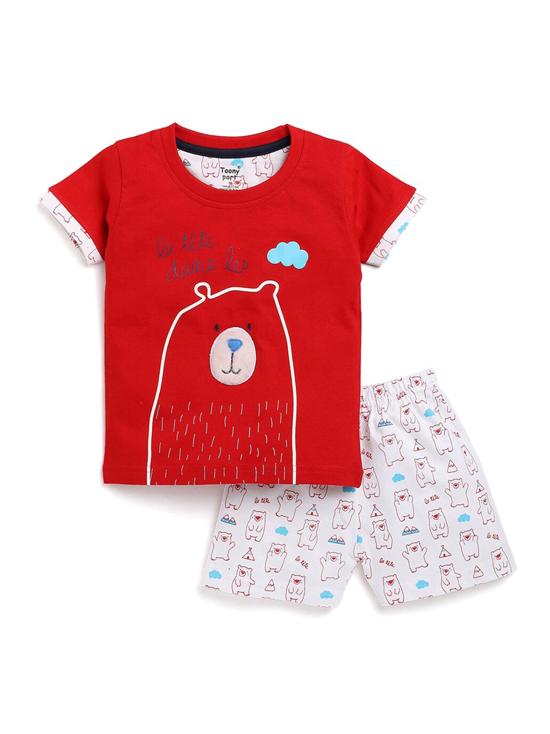 

Hopscotch Boys Red Printed Pure Cotton T-shirt with Shorts