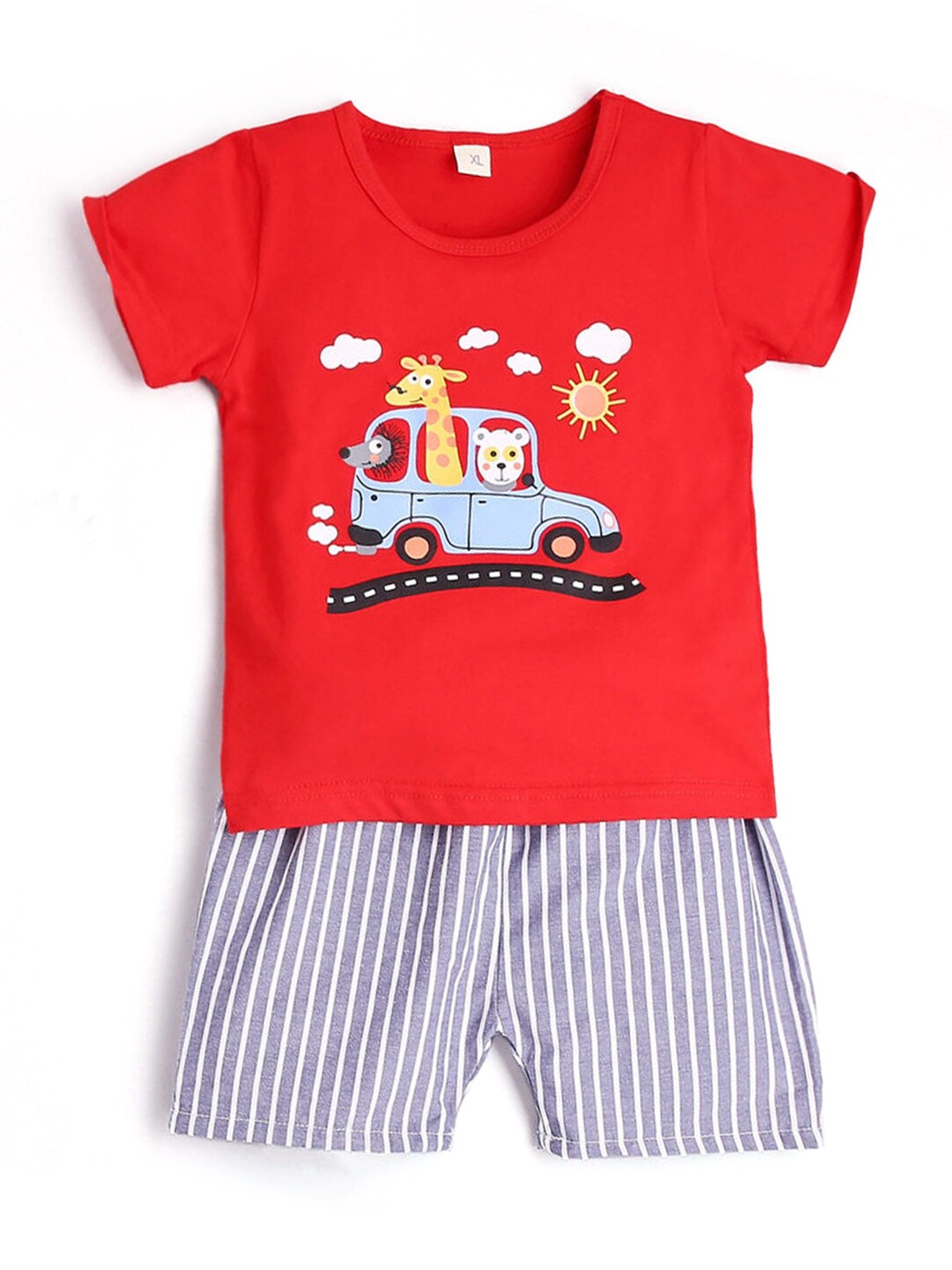 

Hopscotch Boys Red & Grey Printed Pure Cotton T-shirt with Shorts