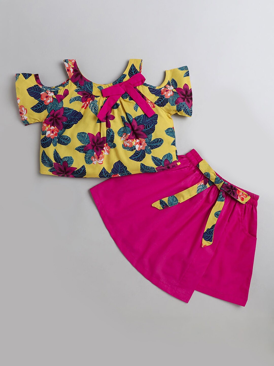 

Hopscotch Girls Yellow & Pink Floral Printed Top with Skirt