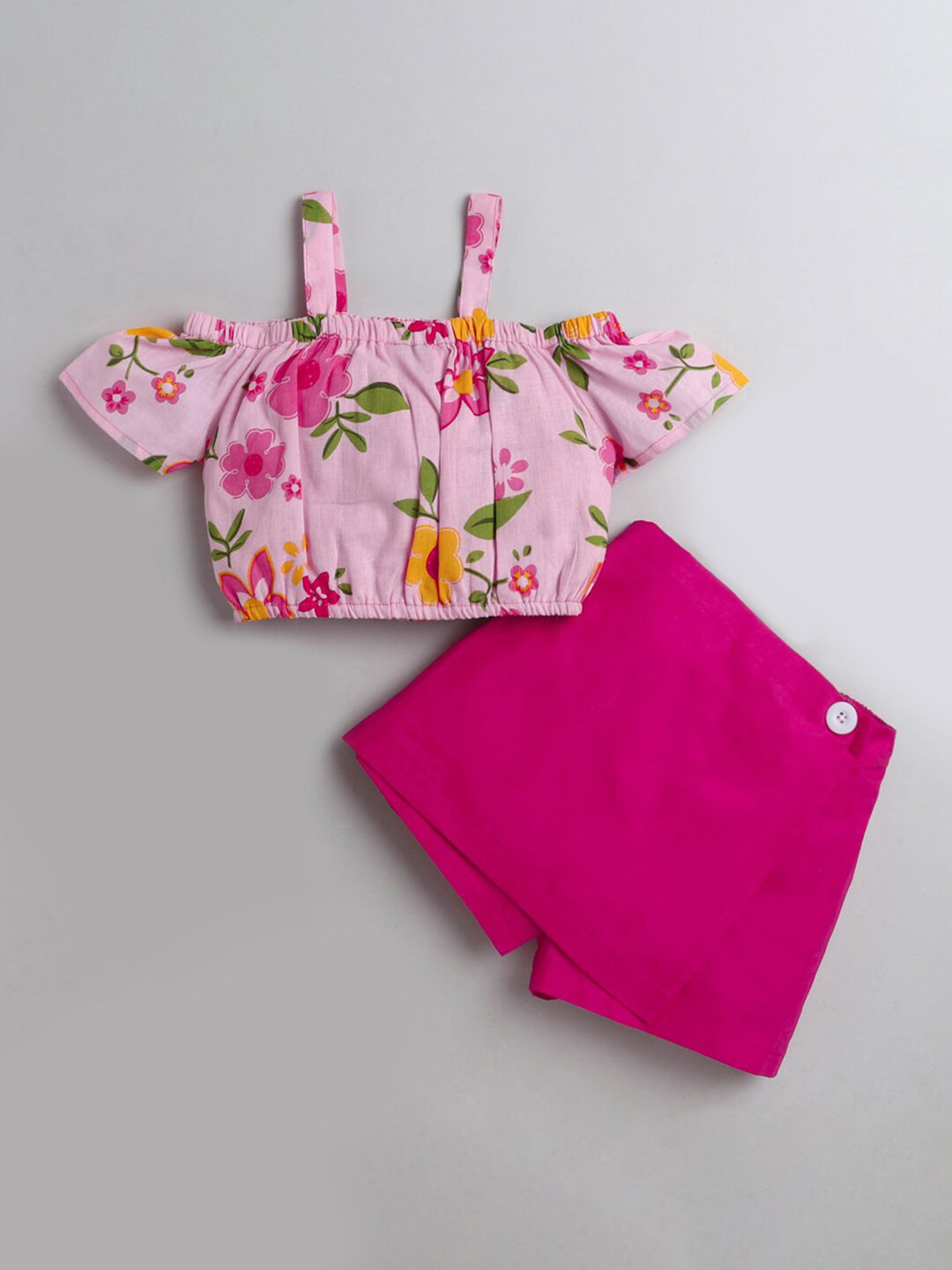 

Hopscotch Girls Pink & Green Printed Pure Cotton Top with Skirt
