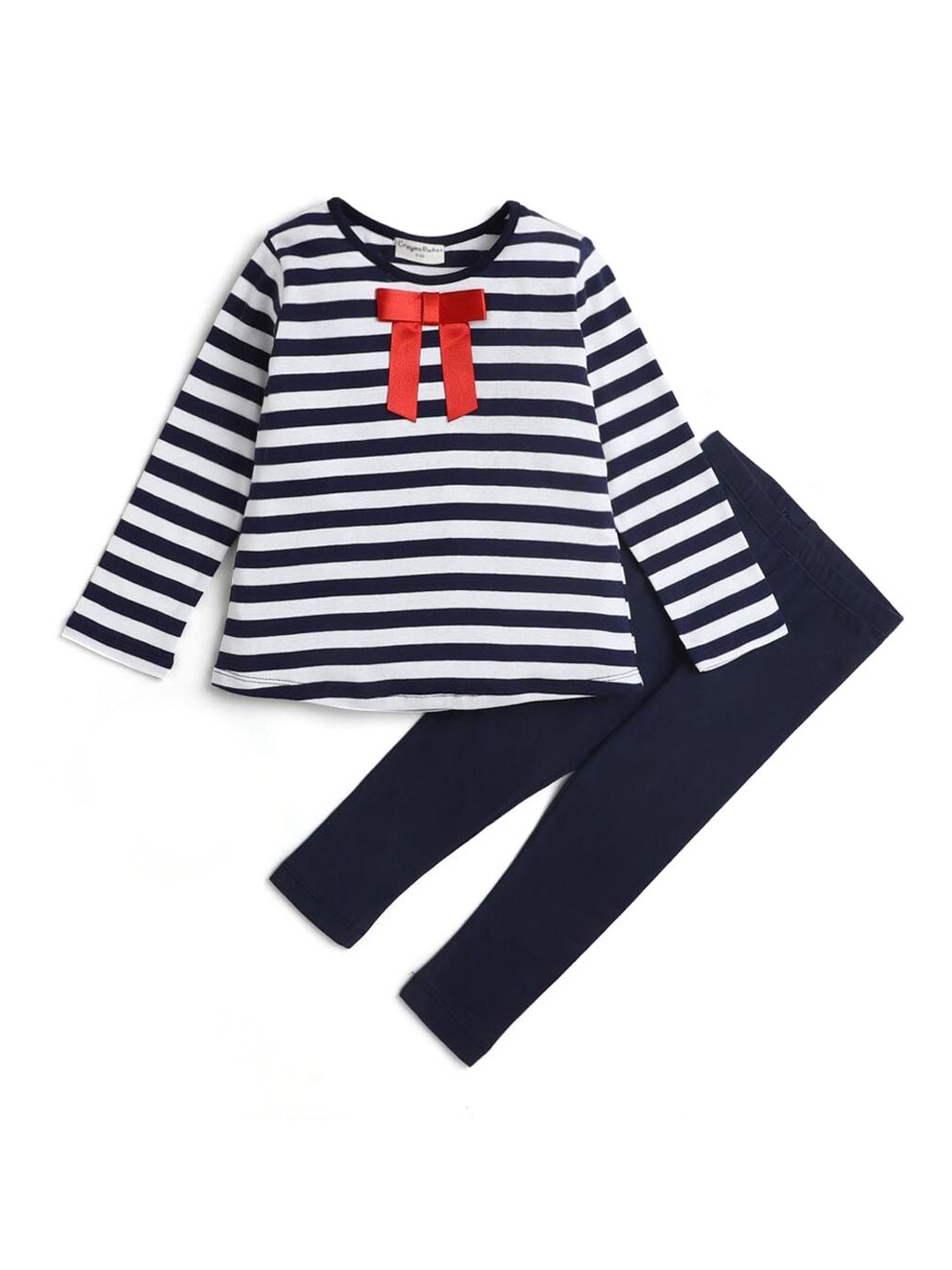 

Hopscotch Girls Navy Blue & White Striped Pure Cotton Top with Leggings