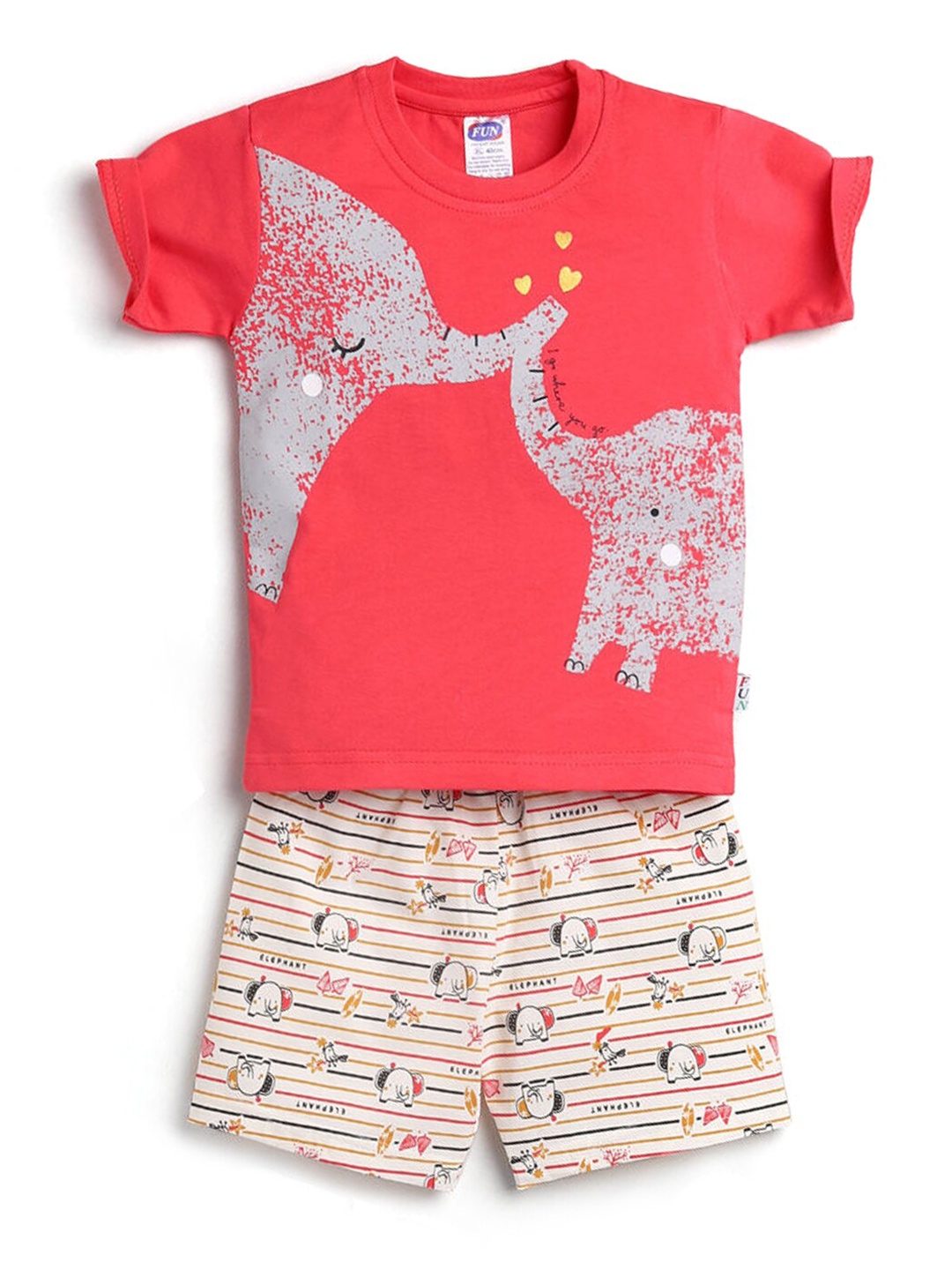 

Hopscotch Boys Red & Off White Printed Pure Cotton T-shirt with Shorts