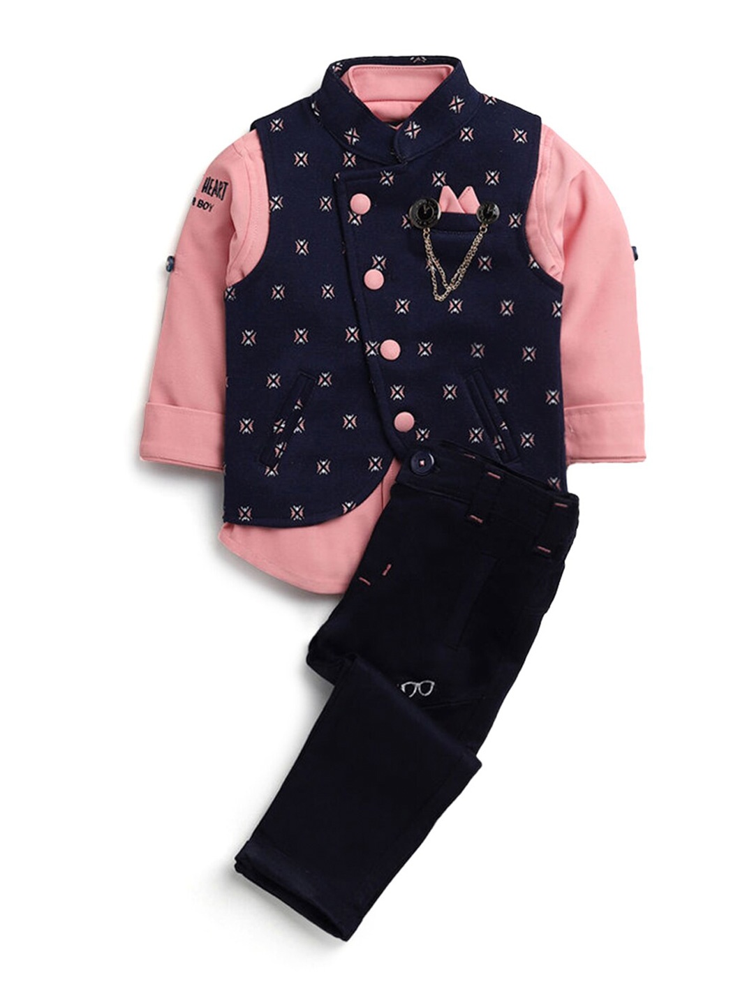 

Hopscotch Boys Pink & Navy Blue Printed Shirt with Trousers & Waistcoat