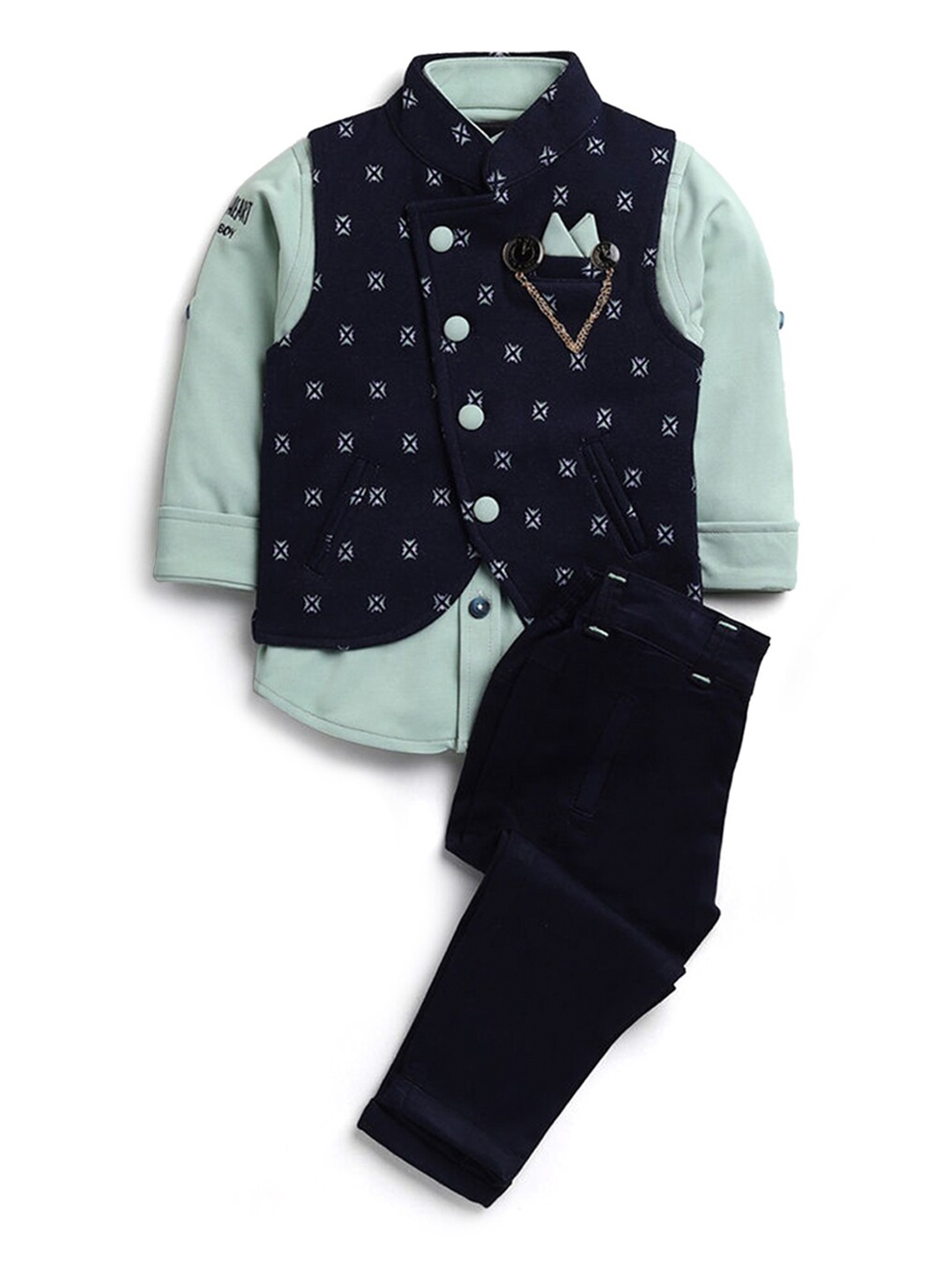 

Hopscotch Boys Sea Green & Navy Blue Printed Shirt with Trousers & Waistcoat