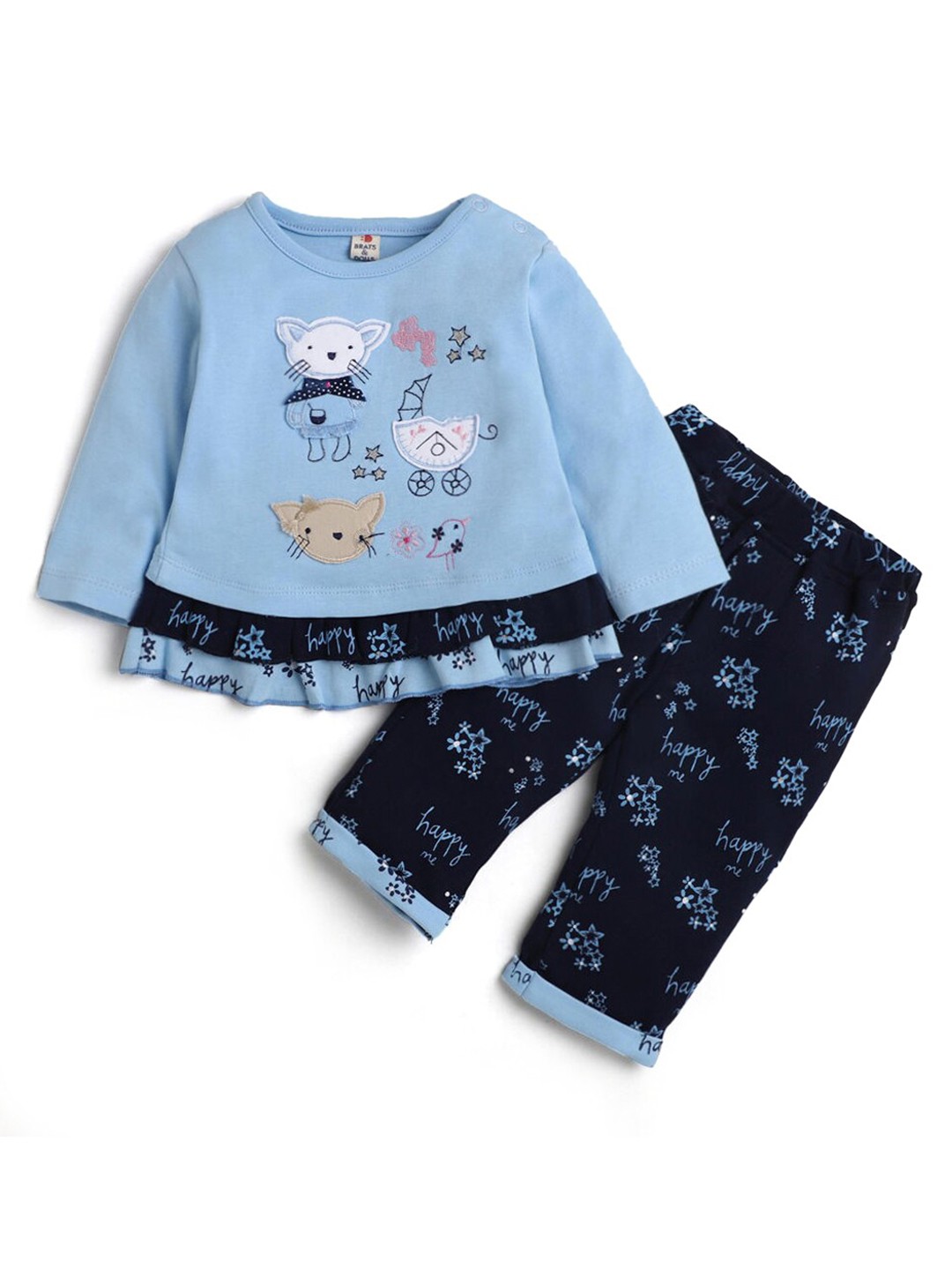 

Hopscotch Girls Blue Printed Pure Cotton Top with Trousers