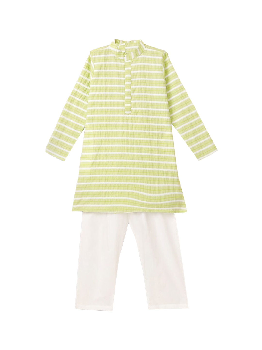 

Hopscotch Boys Green Striped Pure Cotton Kurta with Pyjamas