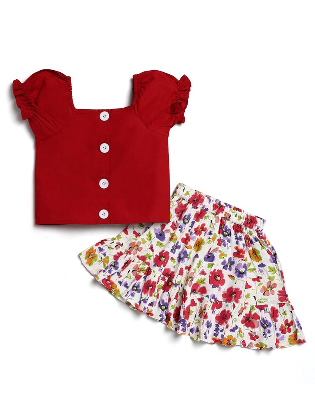 

Hopscotch Girls Red & White Floral Pure Cotton Top with Skirt