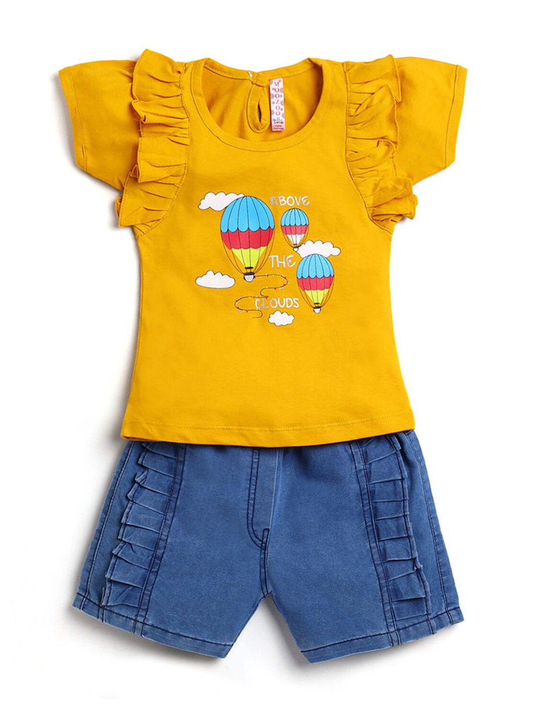 

Hopscotch Girls Yellow & Blue Printed Pure cotton T-shirt with Shorts