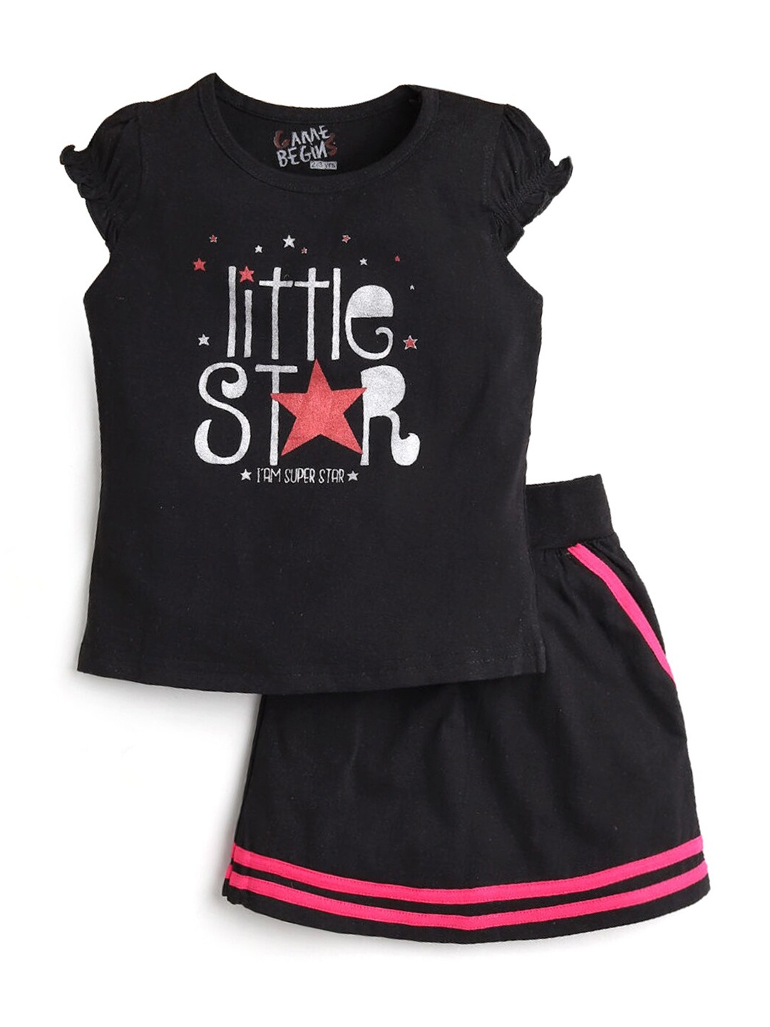 

Hopscotch Girls Black Printed Top with Skirt