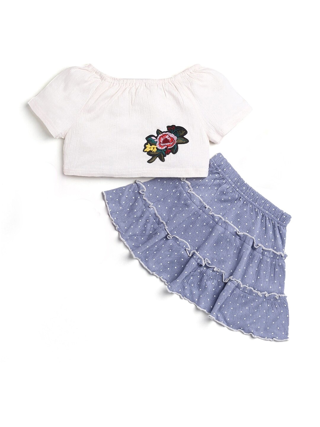 

Hopscotch Girls White & Blue Printed Cotton Top with Skirt