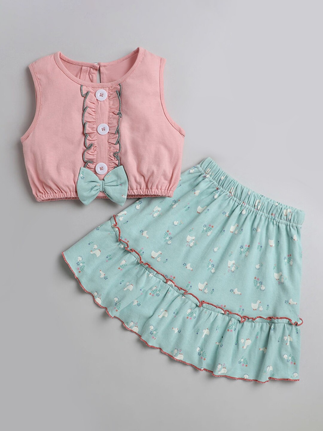 

Hopscotch Girls Pink & Sea Green Pure Cotton Top with Skirt