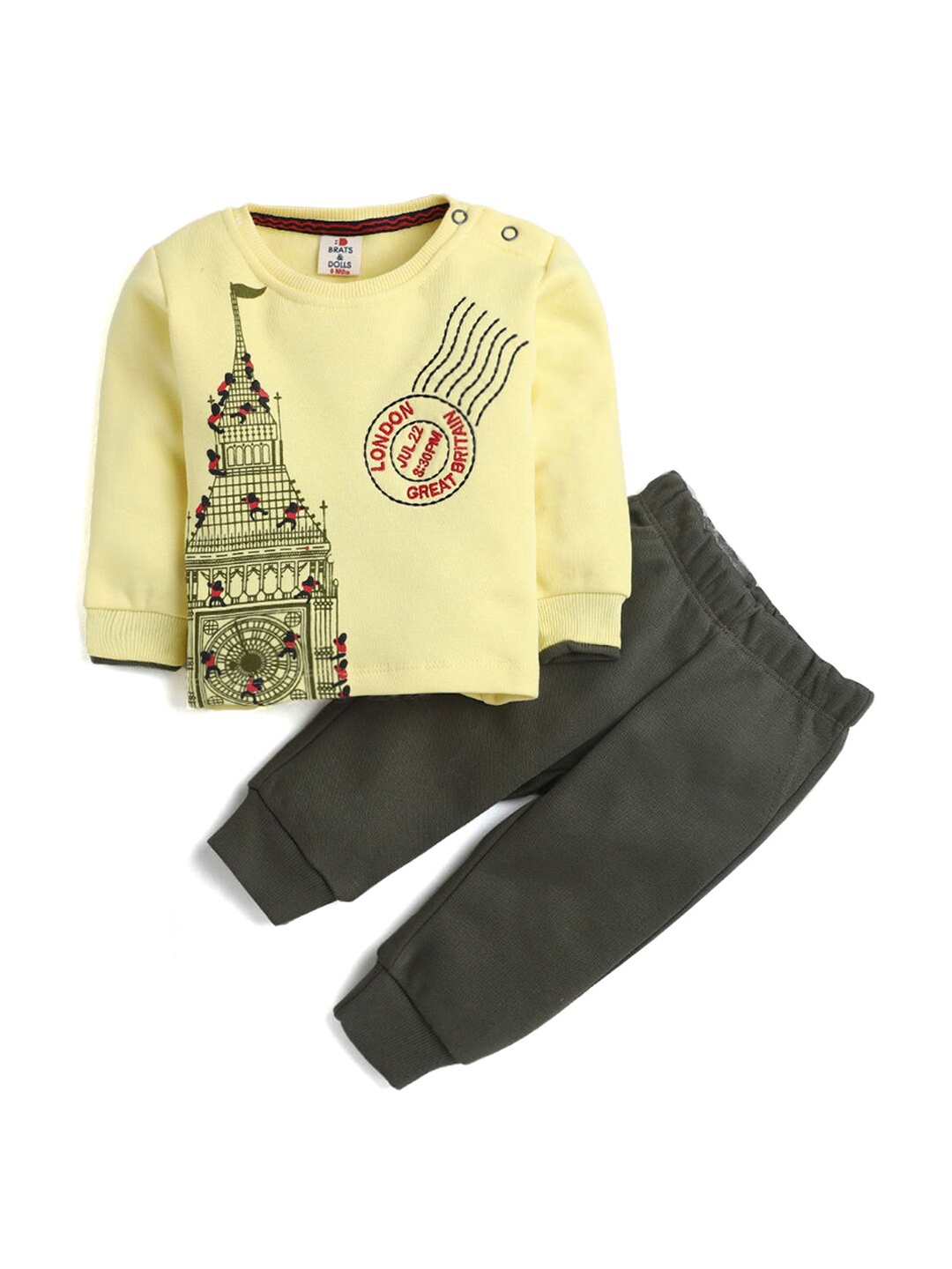 

Hopscotch Boys Yellow & Olive Green Printed T-shirt with Trousers