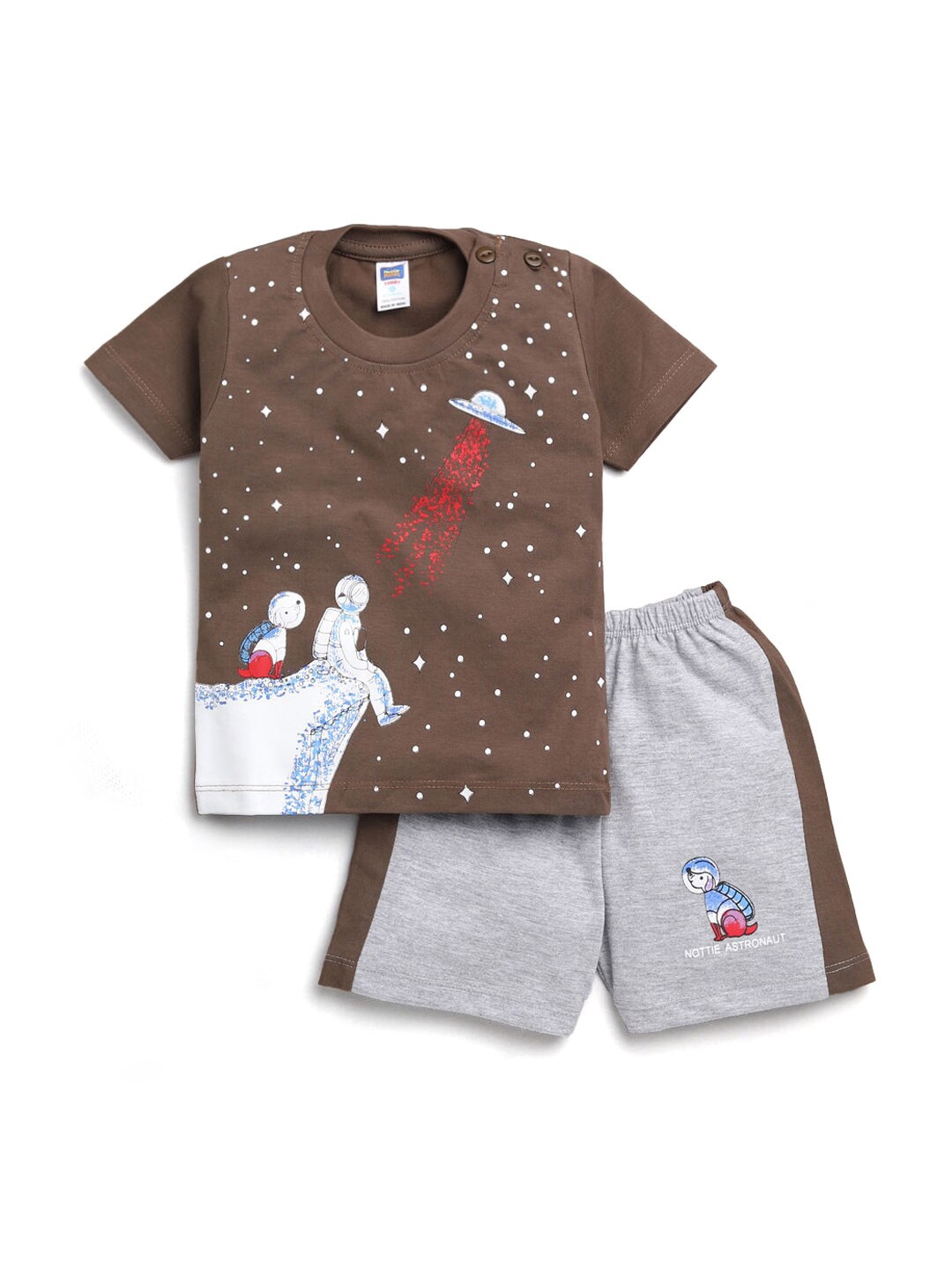 

Hopscotch Boys Brown & Grey Printed Cotton T-shirt with Shorts