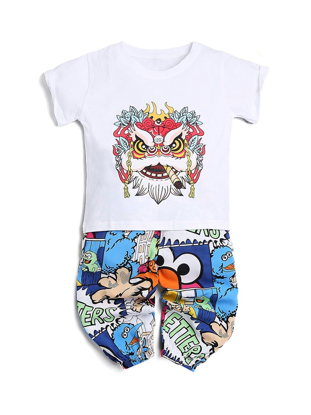 

Hopscotch Boys Multicoloured & White Printed T-shirt with Trousers, Multi