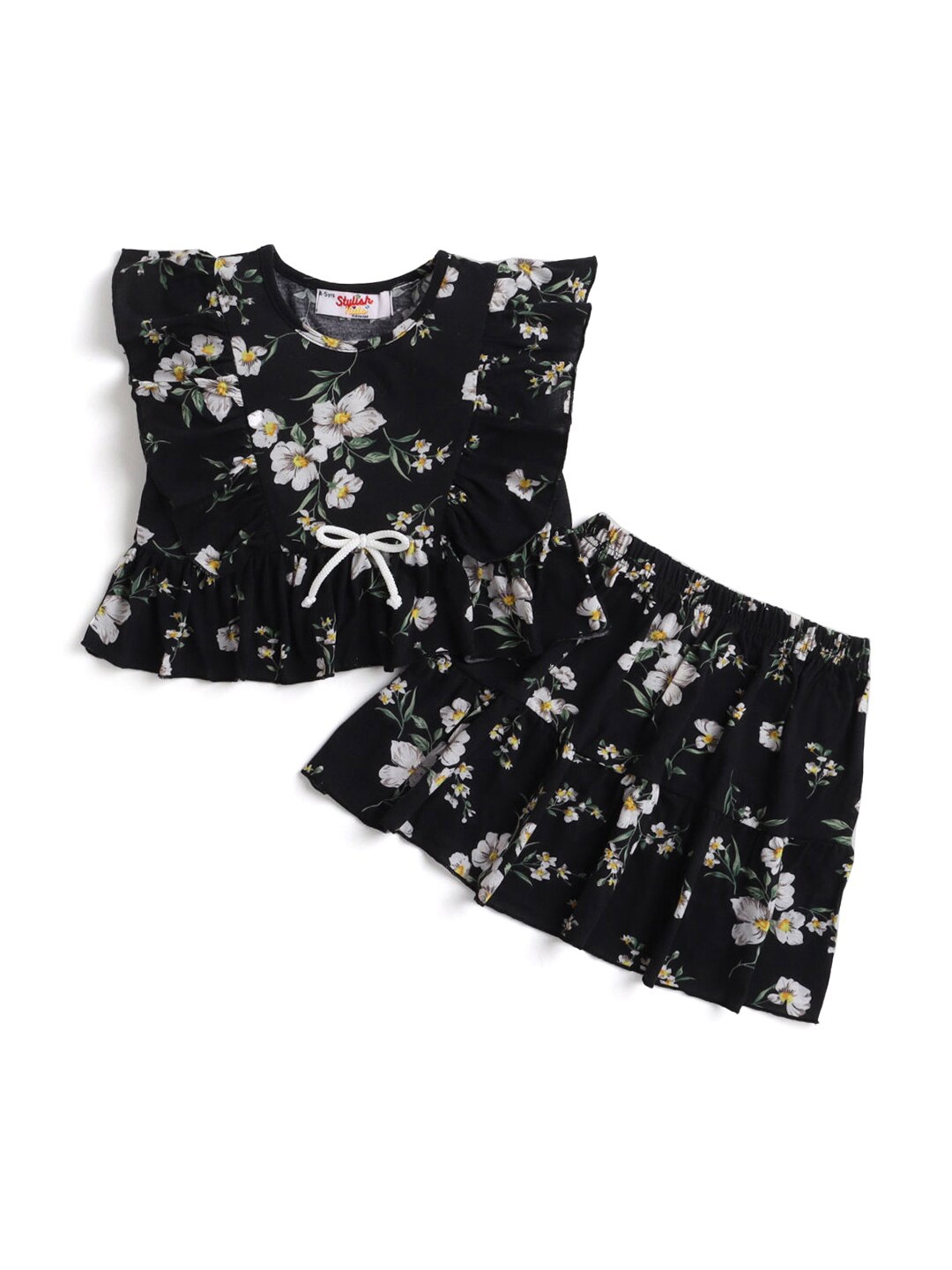 

Hopscotch Girls Black Printed Cotton Top with Skirt