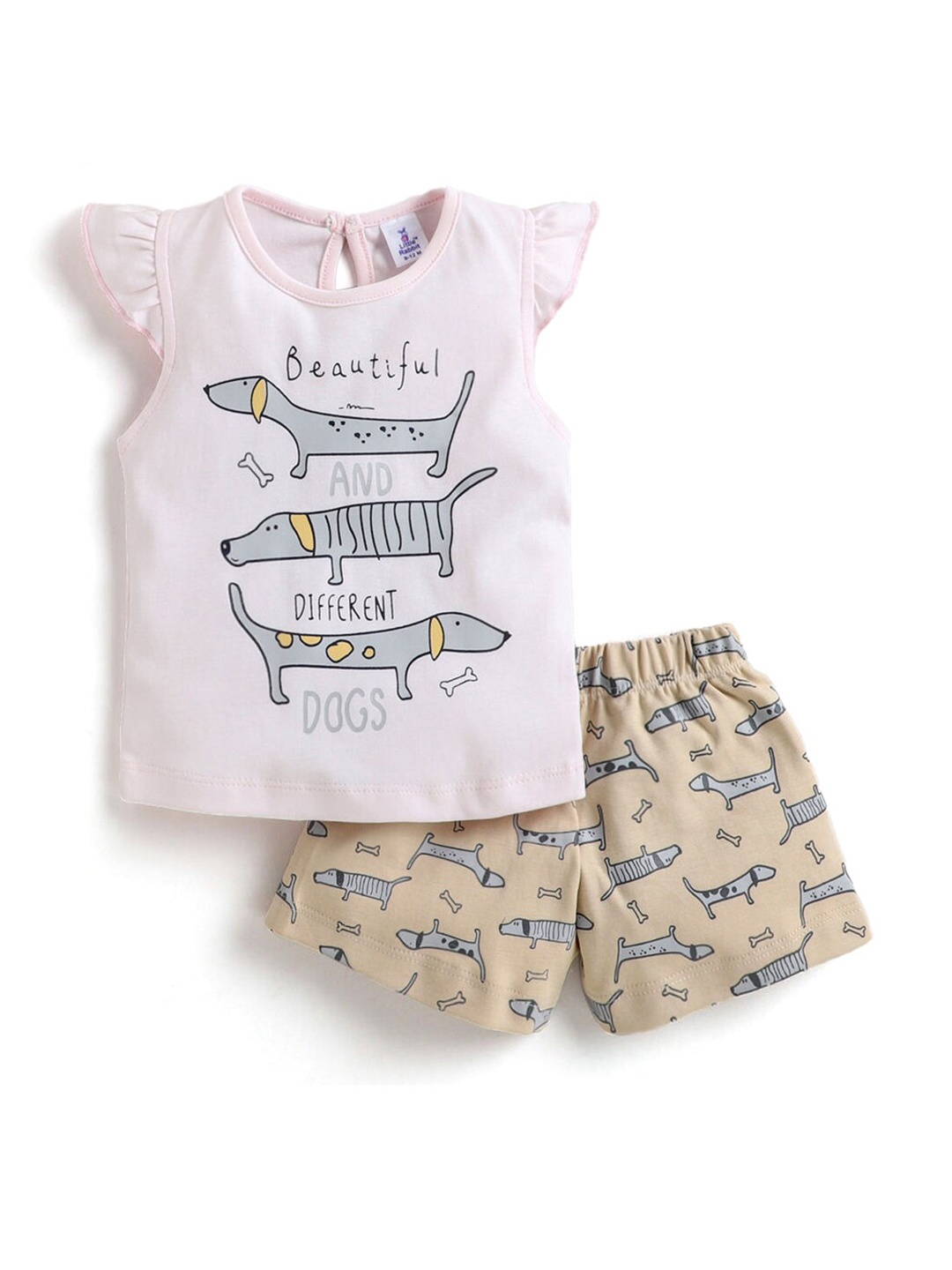 

Hopscotch Girls Pink & Khaki Pure Cotton Printed T-shirt with Shorts