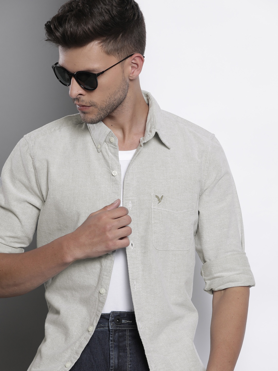 

AMERICAN EAGLE OUTFITTERS Men Grey Solid Slim Fit Pure Cotton Casual Shirt