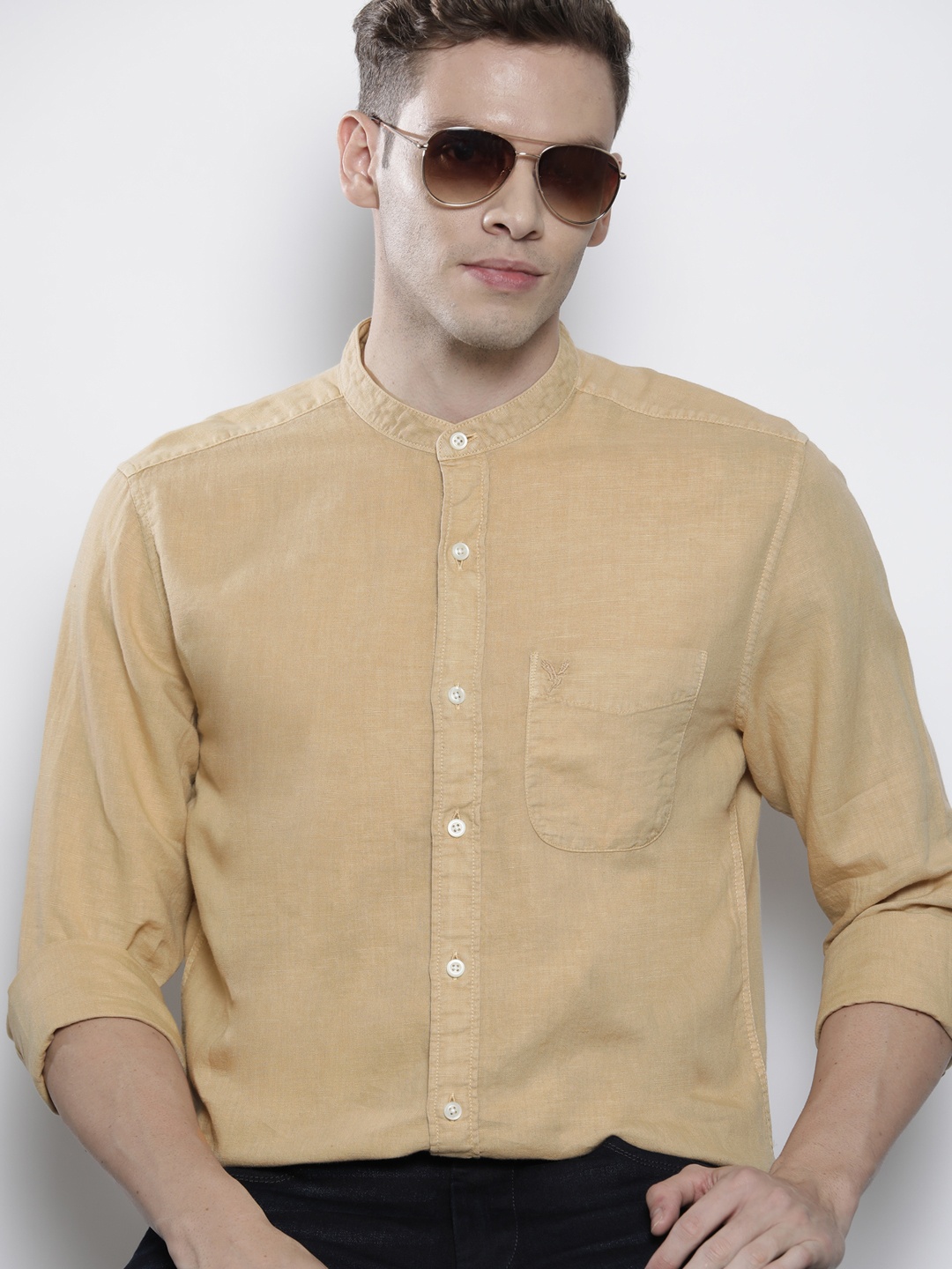

AMERICAN EAGLE OUTFITTERS Men Brown Cotton Linen Classic Casual Shirt