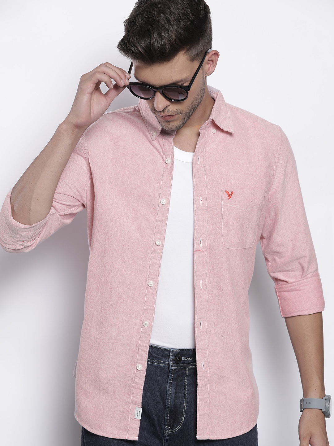 

AMERICAN EAGLE OUTFITTERS Men Pink Solid Slim Fit Pure Cotton Casual Shirt