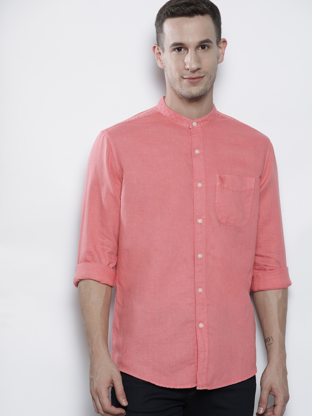 

AMERICAN EAGLE OUTFITTERS Men Rose Cotton Linen Classic Casual Shirt